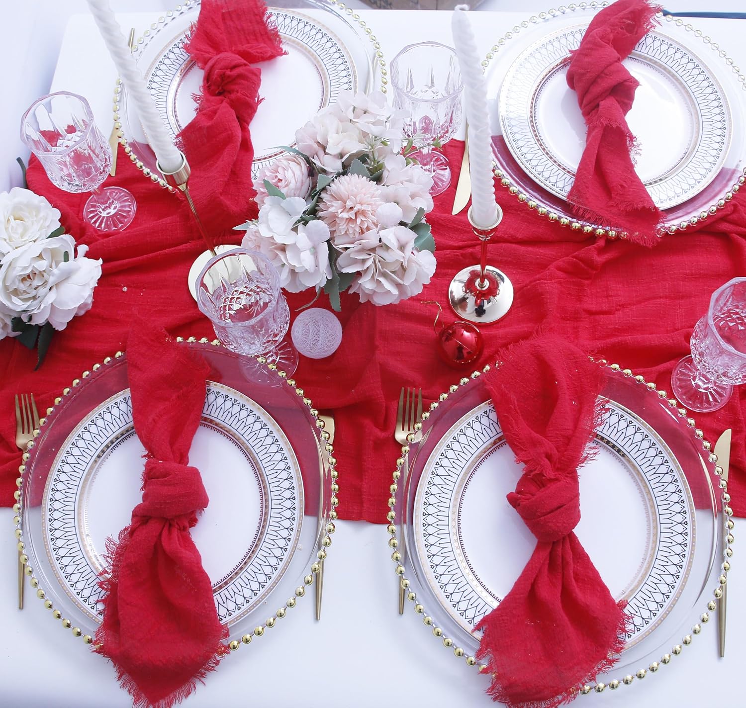 Fall Cloth Napkins with Fringe, Cotton Gauze Napkins Set of 12, Red | Boho Rustic Dinner Napkins, 16 x 16 Inch Washable