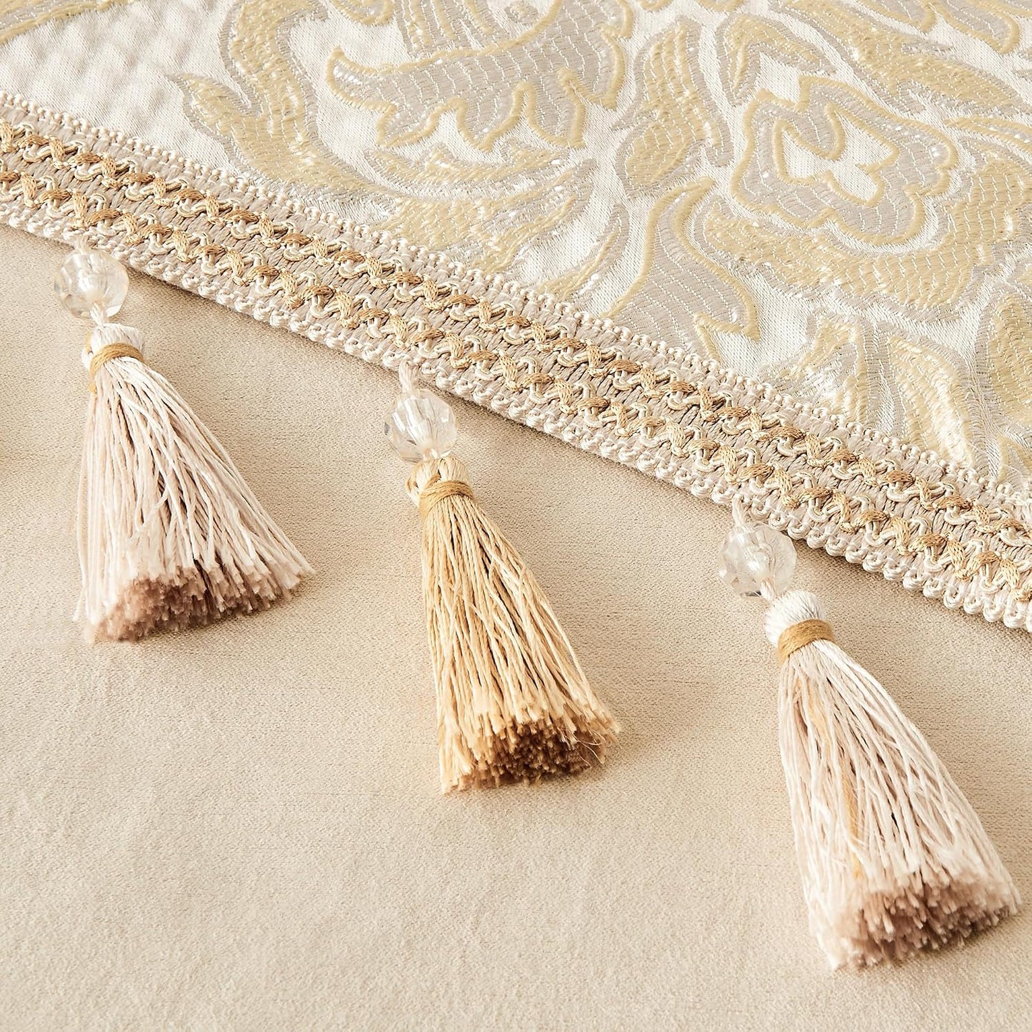 Loom and Mill Elegant Damask Jacquard Table Runner 13x108 inch, Beige Gold | Floral Design Double Layer Dining Table