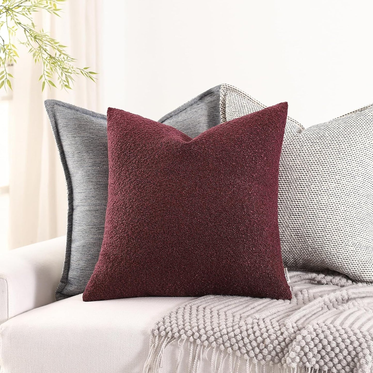 Boucle Decorative Throw Pillow Covers / Burgundy / 18 x 18 / Set of 2