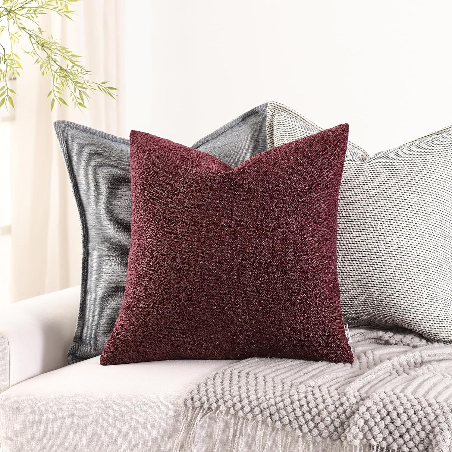 Boucle Decorative Throw Pillow Covers / Burgundy / 18 x 18 / Set of 2