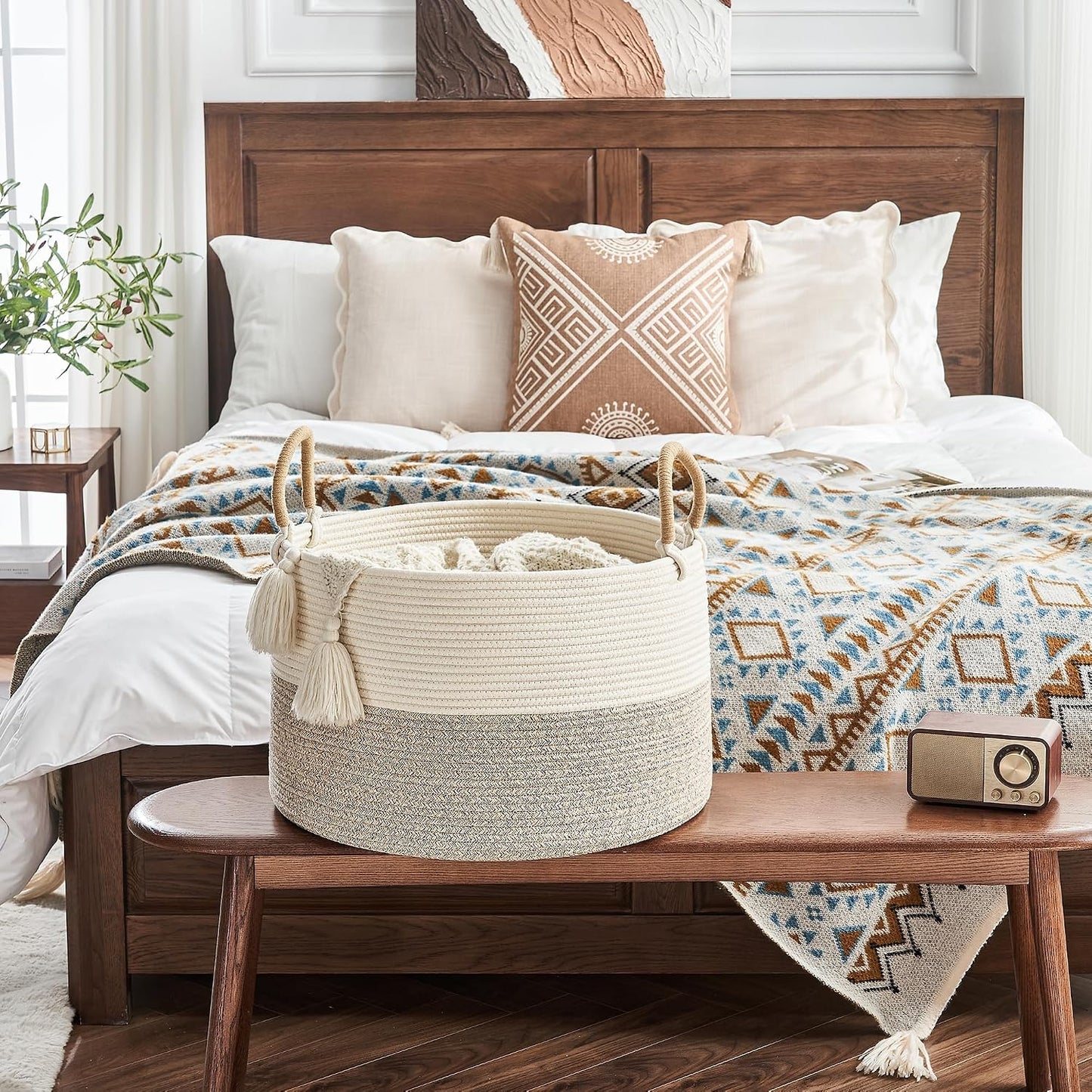 Pillows / Cotton Rope Storage Basket / Beige Mix / 20 x 13