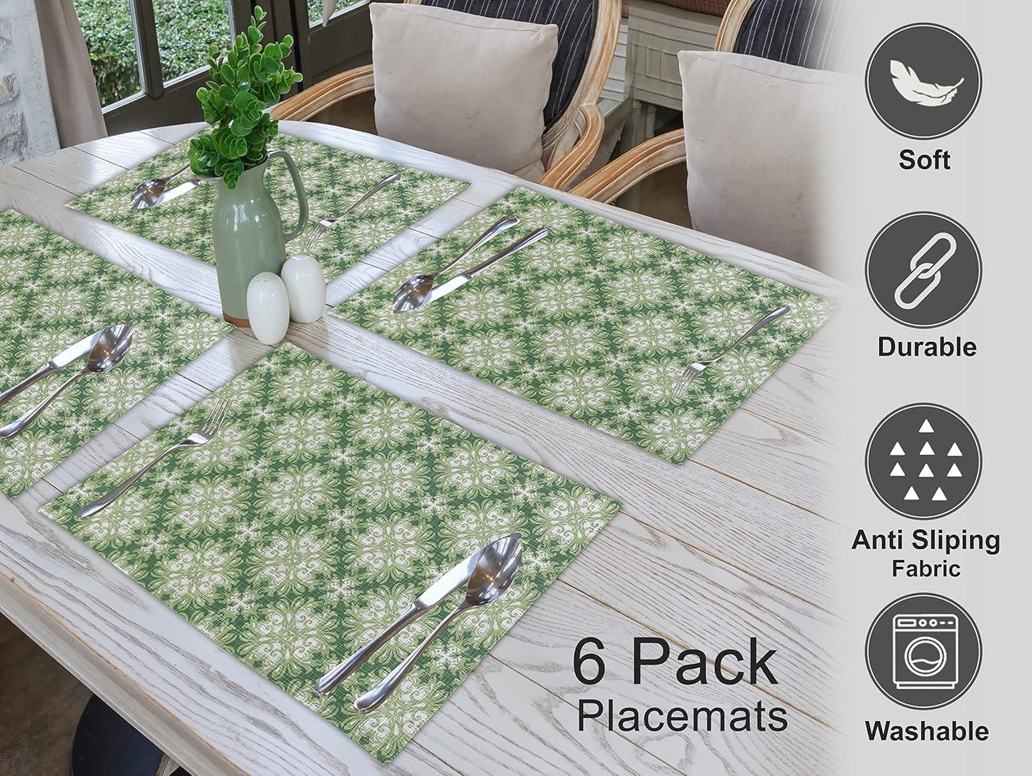 Ruvanti Placemats Set of 6, 100% Cotton Place Mats of 13"x19" – Grass Green | Heat, Stain resistant, Washable