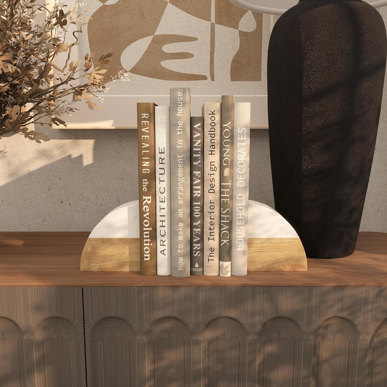 Mango Wood Geometric Decorative Bookends Arched 5 lbs Non Skid / 5"w, 5"H / White / Set of 2