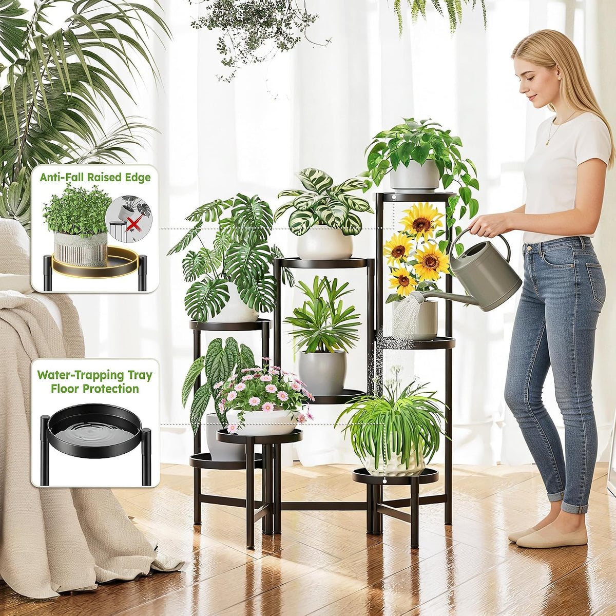 Black Stand Plants, Metal Tiered Plant Stands Indoor, 8 Tier Corner Flodable Plant Stand Outdoor Planter Flower Pot for