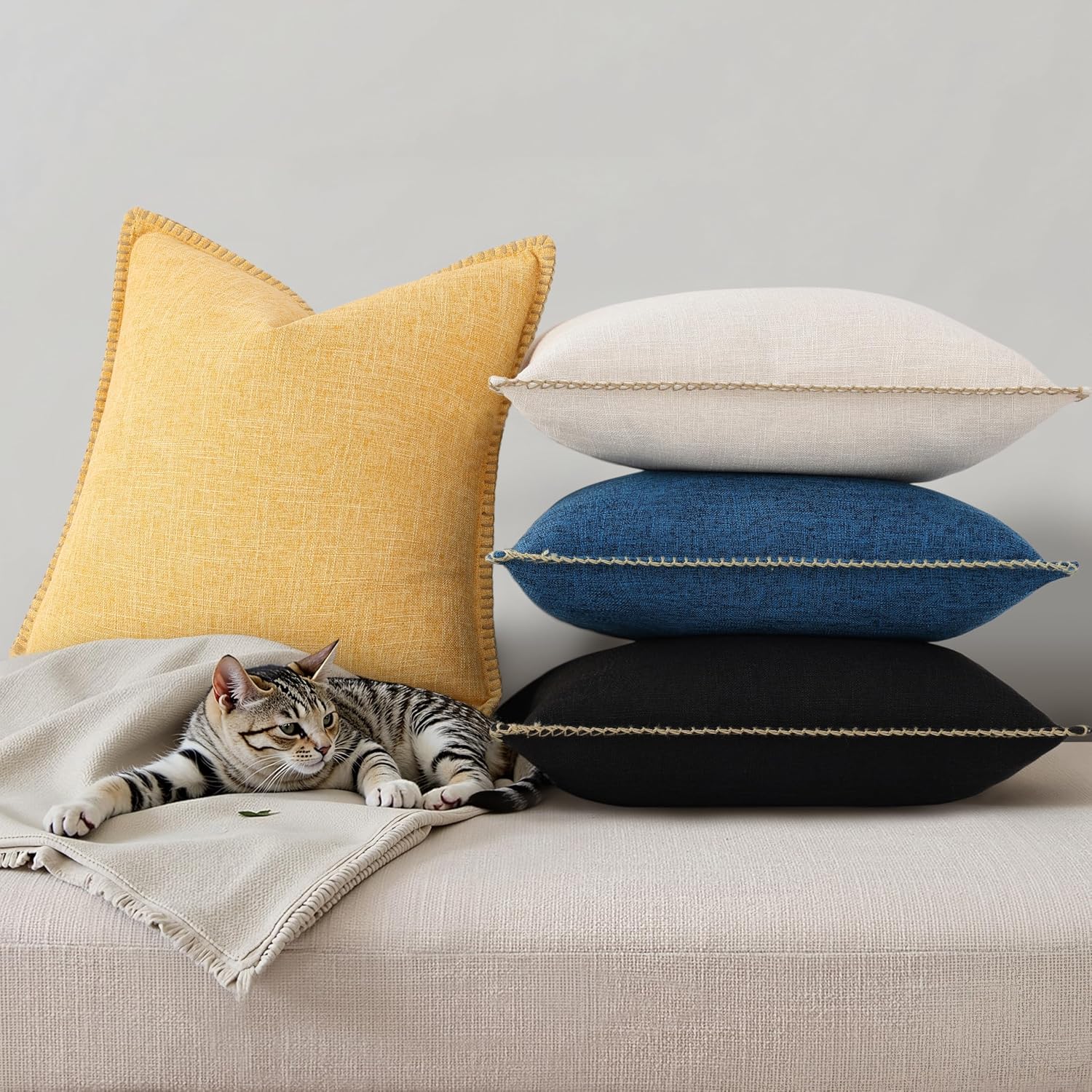 Fall Decorative Throw Pillow Covers Square Faux Linen Outdoor Neutral / Black / 18 x 18 / Set of 2