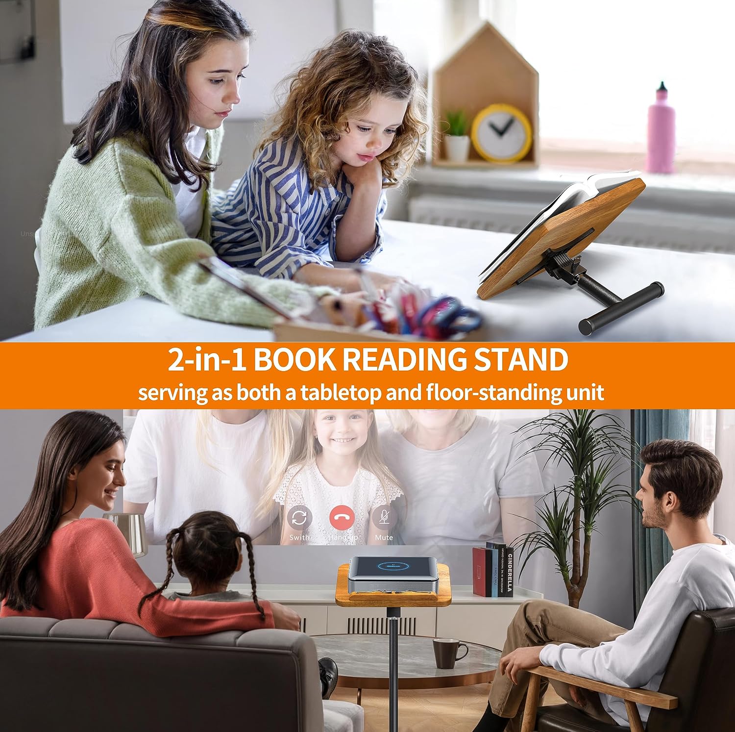 NAMON 2-in-1 Dual-use Floor & Desktop Book Stand, 100% Solid Wood, Height Adjustable from 16.5" to 51", Floor Reading