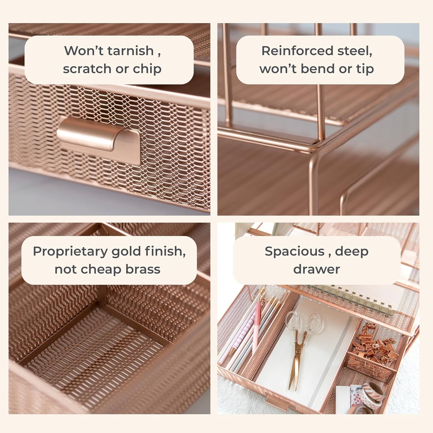 BLU MONACO | Rose Gold Desk Organizer with Drawer | Metal Desk Organizer with File Sorters and Storage Compartments