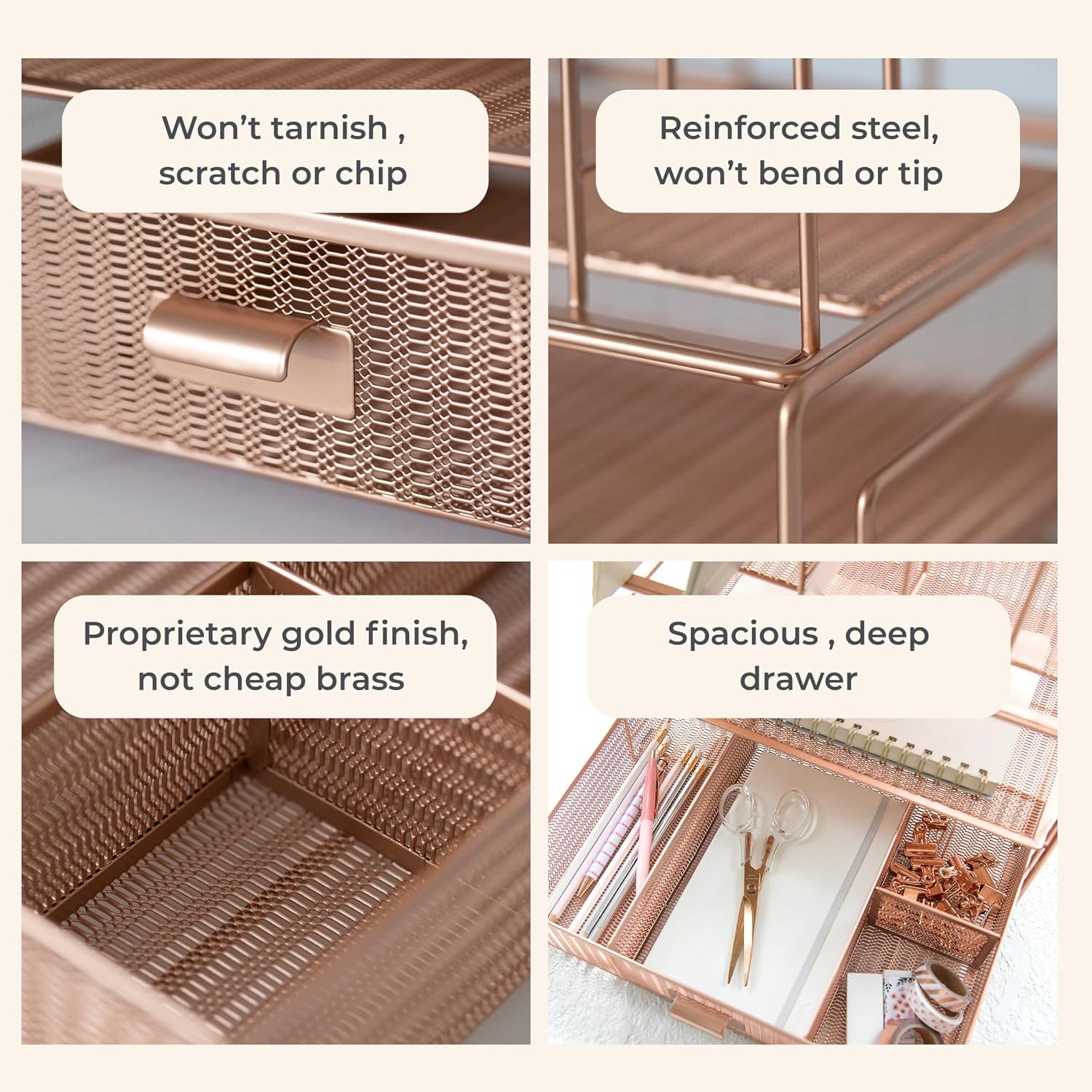 BLU MONACO | Rose Gold Desk Organizer with Drawer | Metal Desk Organizer with File Sorters and Storage Compartments