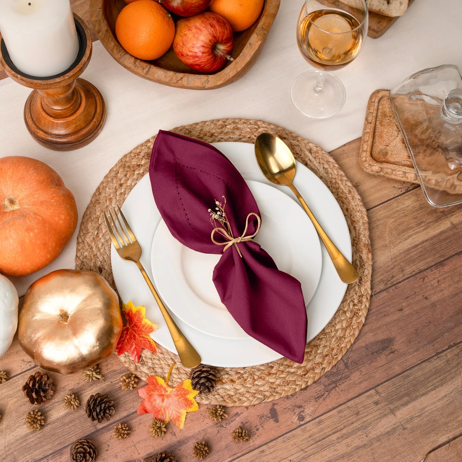Blue Needles Set of 12 Hemstitch Linen Napkins 100% Cotton Burgundy Cloth Dinner Napkins 18x18 inches, Soft, Reusable