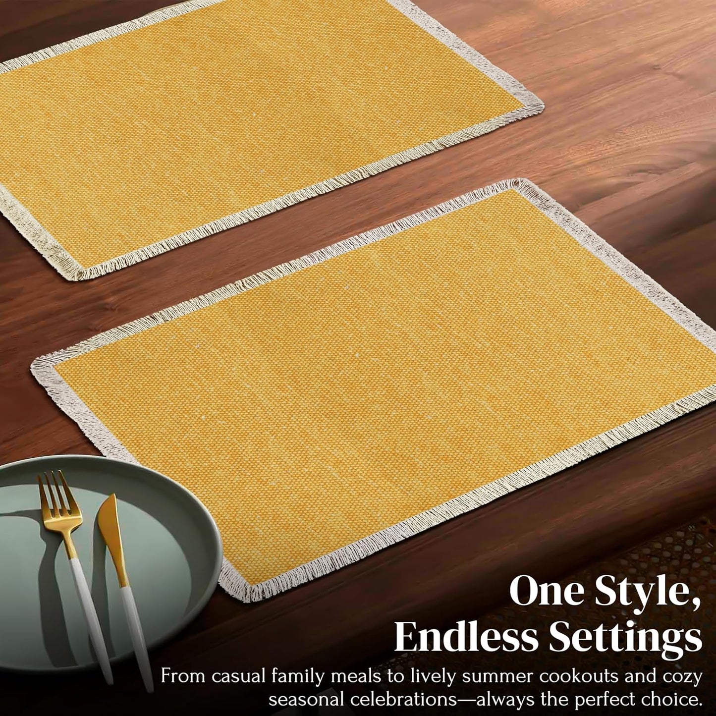 Hausattire Cotton Frayed Placemats Set of 6 Dining Table 13x19 Inch | Rustic Vintage Boho Washable Easter Placemat for