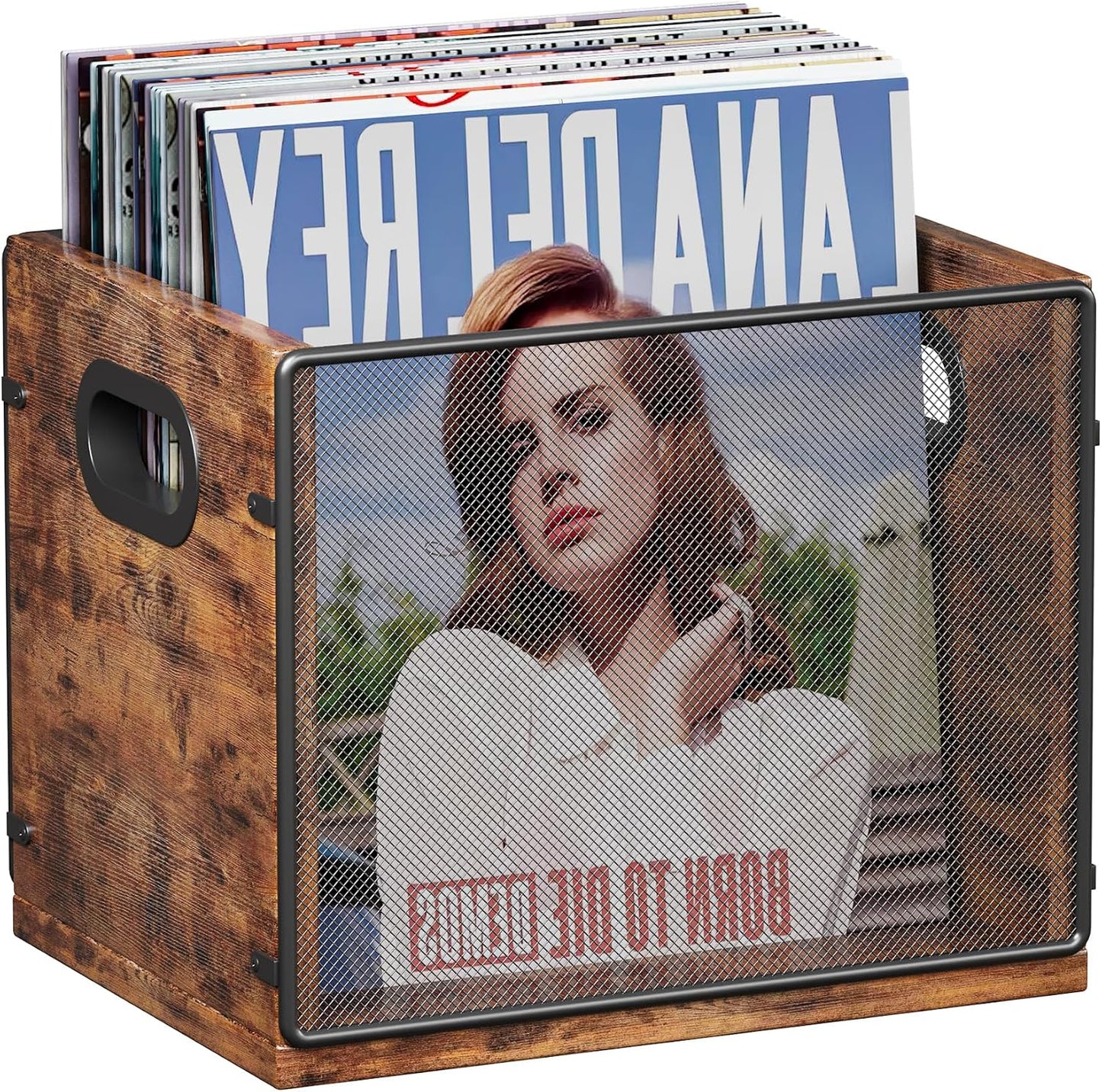 Homeiju Wooden & Metal Record Crate - Vinyl Album Holder & Organizer, Holds Up to 60 Records