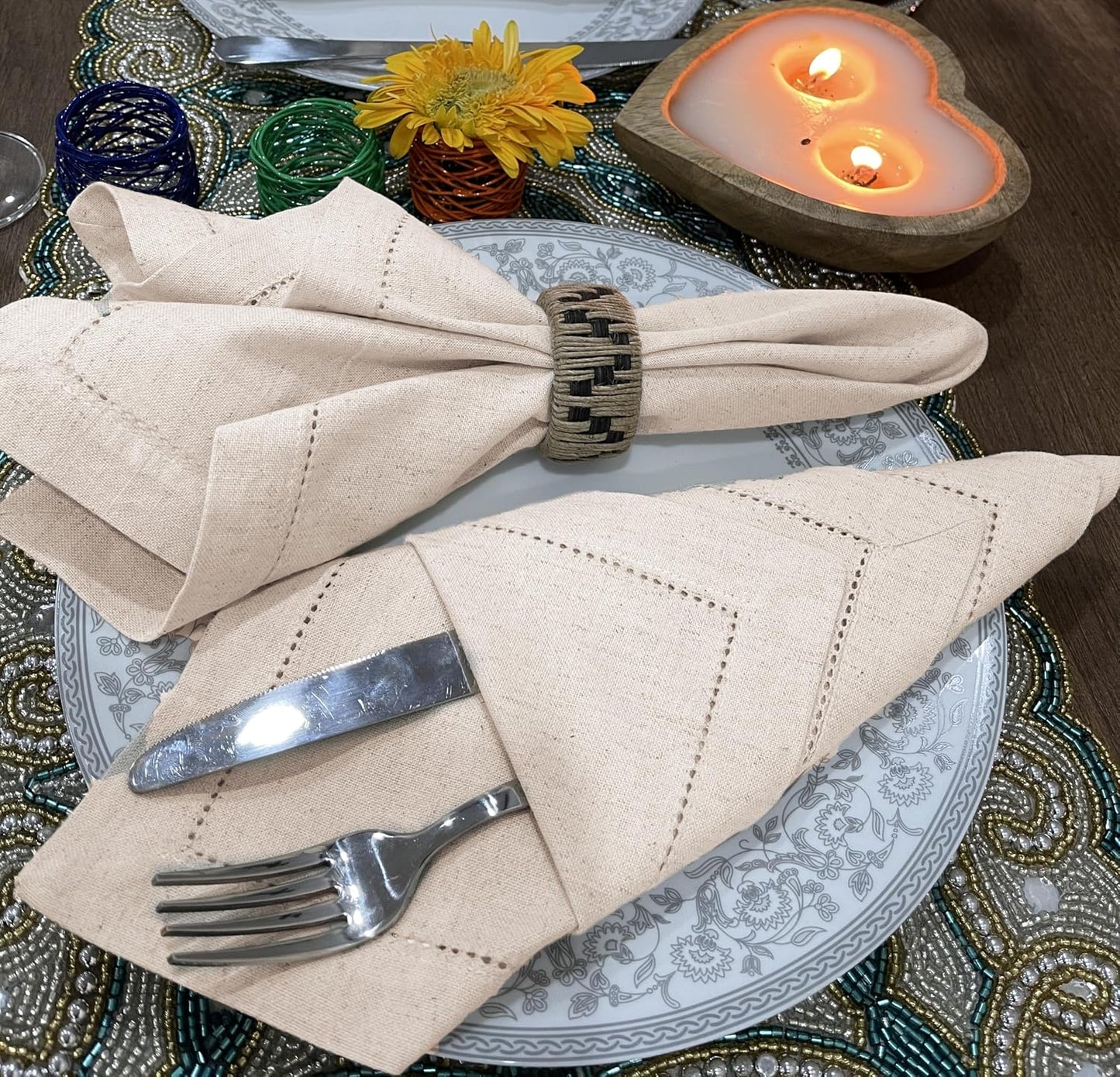 Bedding Craft Linen Cloth Dinner Napkins, 18x18, Set of 12 | Natural Fabric with hemstitched Mitered Corners – Machine