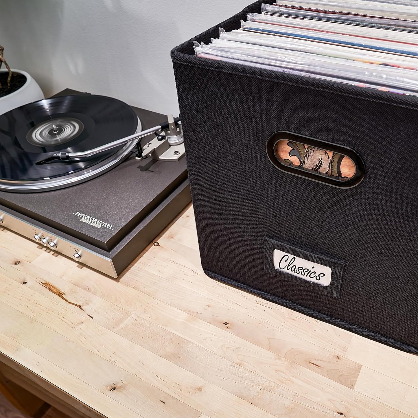 Decorative Vinyl Record Storage Box for 50+ Single Records - LP Holder | Sturdy and Easy to Carry Crate with Lid - The