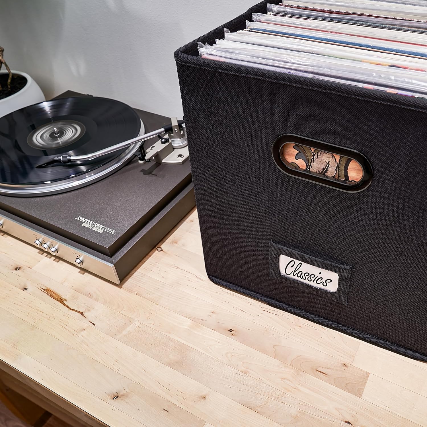 Decorative Vinyl Record Storage Box for 50+ Single Records - LP Holder | Sturdy and Easy to Carry Crate with Lid - The