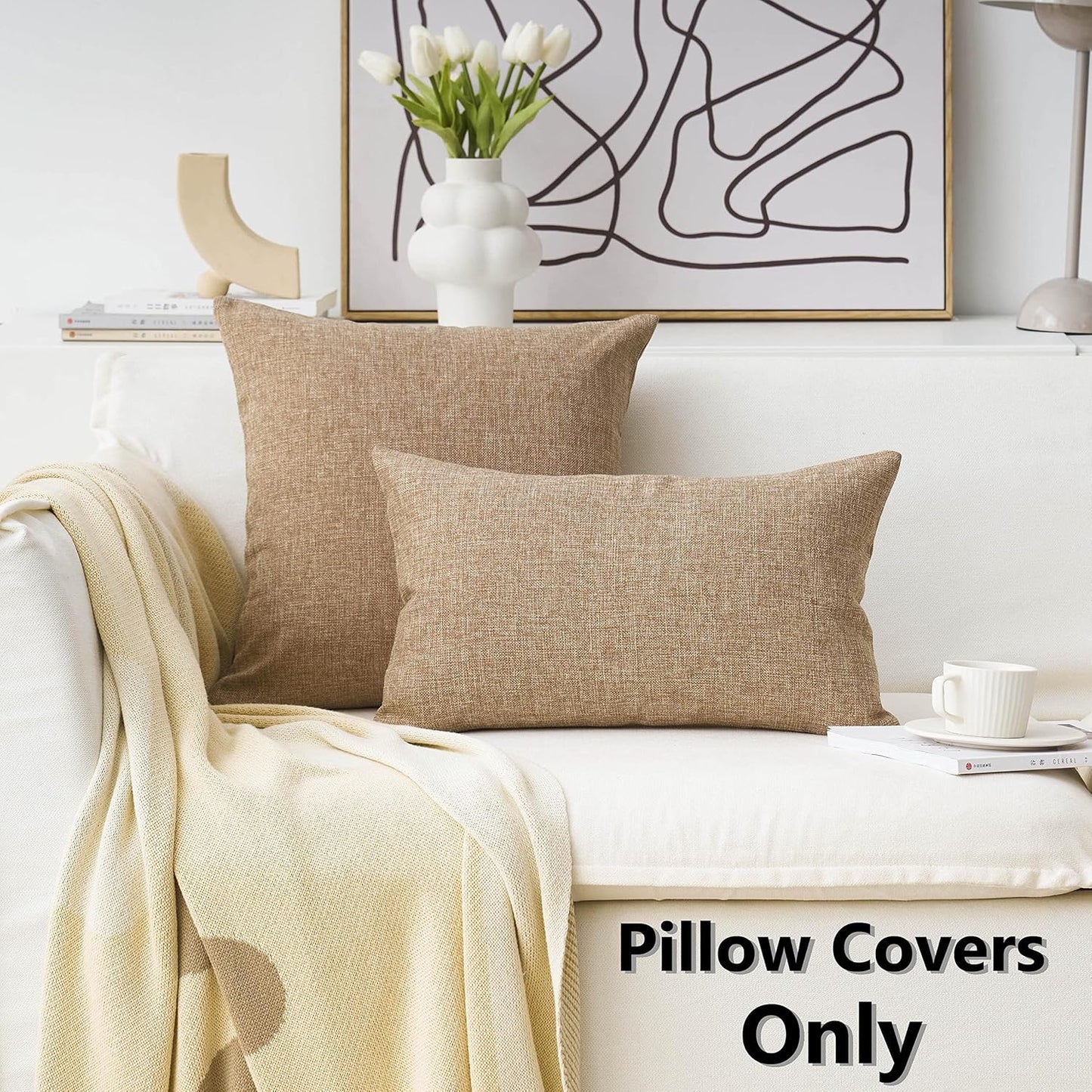 Linen Throw Pillow Covers Burlap Decorative Pillow Covers / 18 x 18 / Natural Linen / Set of 2