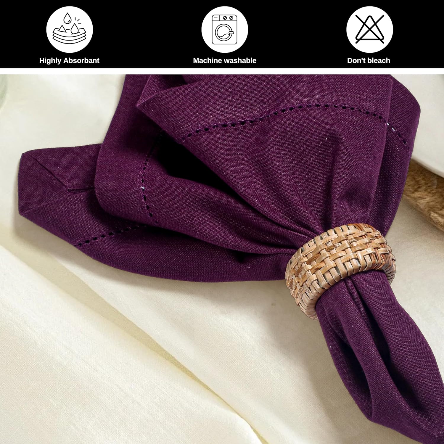 Bedding Craft Cotton Dinner Napkins Set of 12, 18x18, hemstitched, Plum | Machine Washable Soft Fabric Napkins for