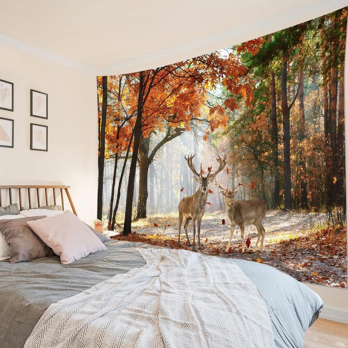 HVEST Fall Tapestry Deer in Orange Maple Tree Forest Wall Art for Bedroom Autumn Nature Landscape Wall Hanging Blanket Holiday Tapestry for Living Room Dorm Wall Decor, 92.5W X 70.9L inches