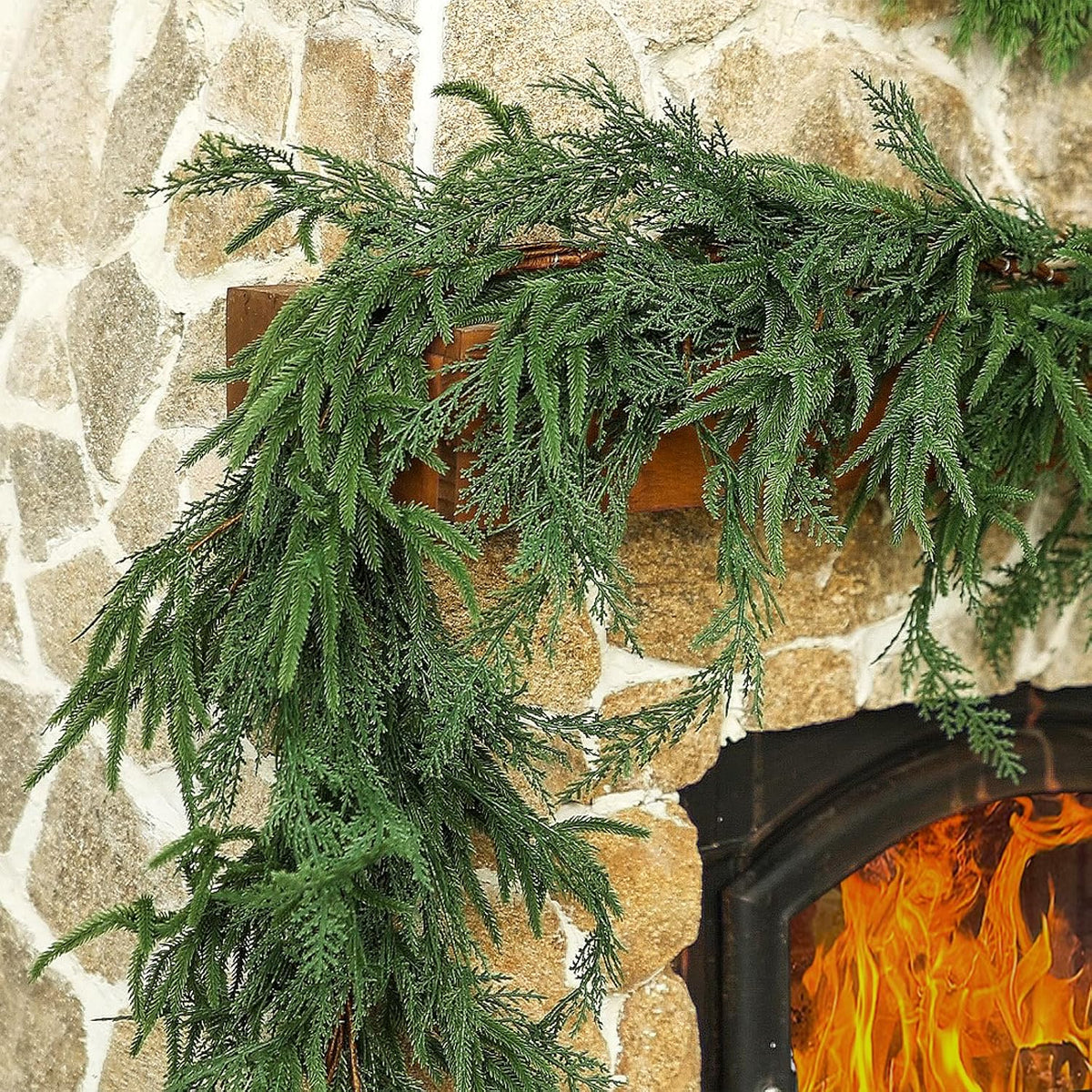 Christmas Norfolk Pine & Cedar Garland - 6 Ft mas Lighted Real Touch Mixed Green Artificial Greenery Garland for Table