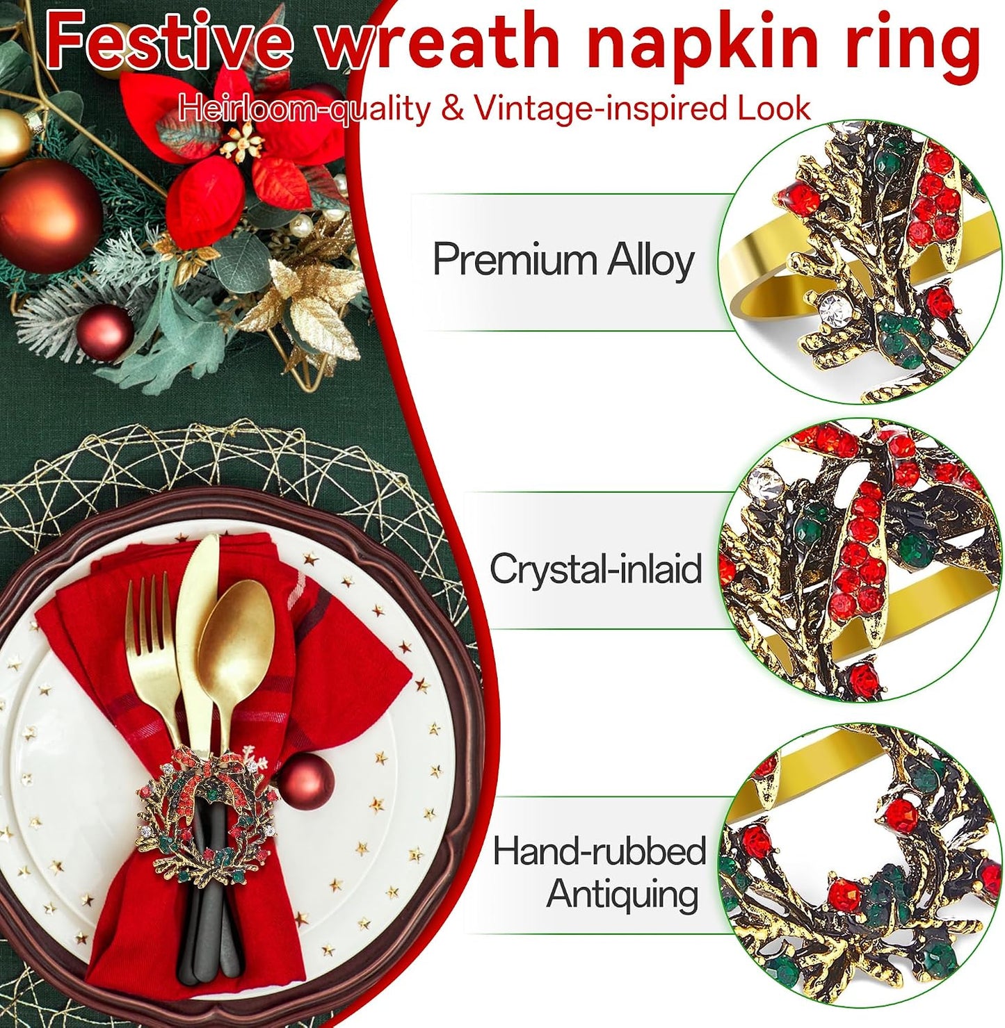 Christmas Wreath Napkin Rings Set of 12, Holiday Rhinestone Christmas Napkin Ring Holders for Cloth Napkins, Napkin