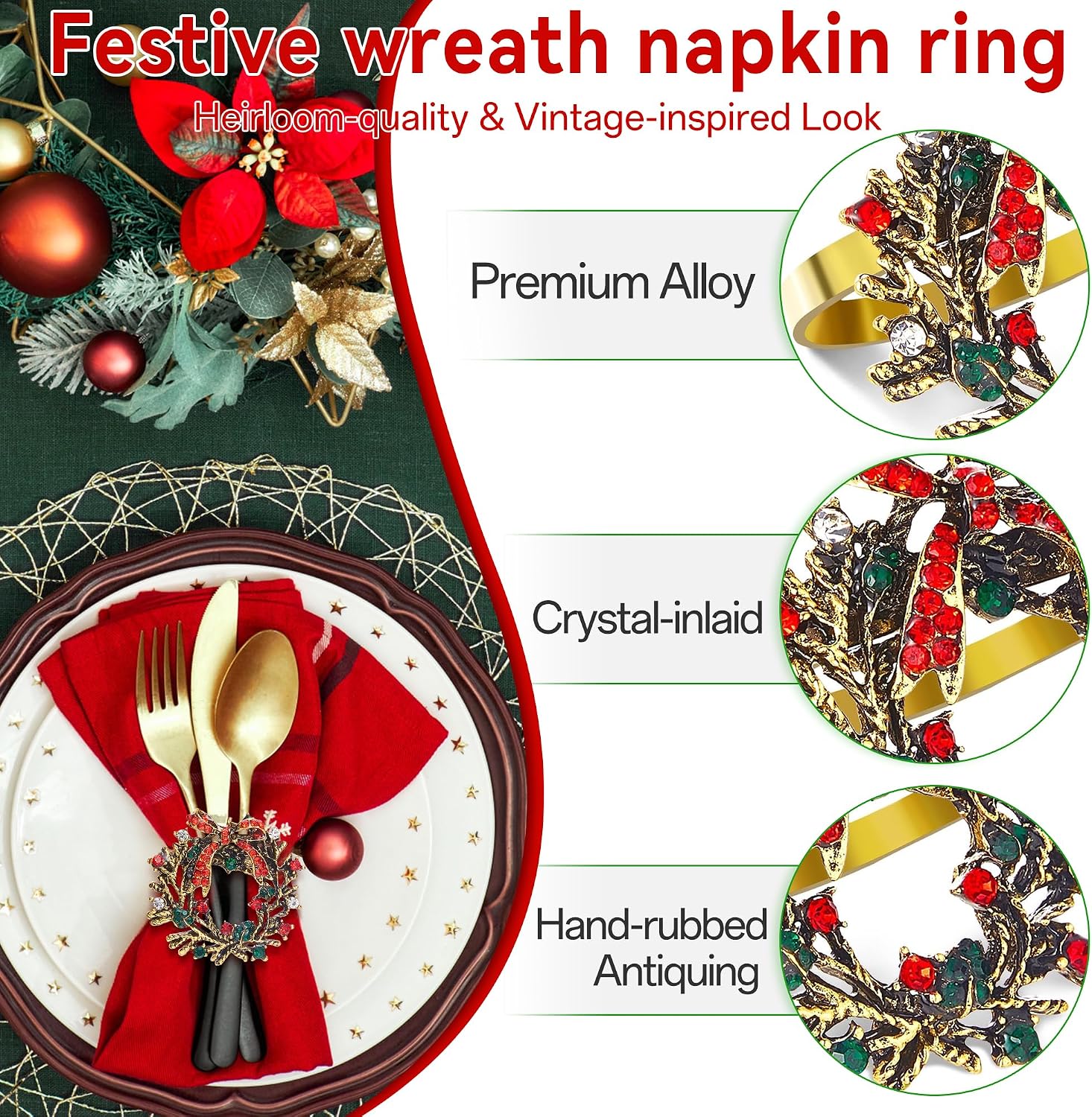 Christmas Wreath Napkin Rings Set of 12, Holiday Rhinestone Christmas Napkin Ring Holders for Cloth Napkins, Napkin