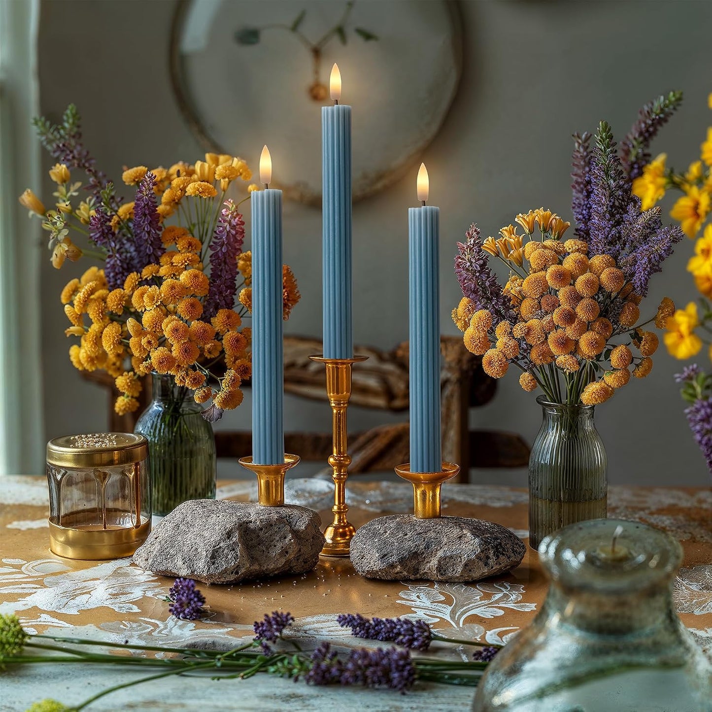 10" Fluted Ribbed LED Blue Grooved Real Wax Taper Candles, Remote & 24h Timer Memory, On/Off Switch - Flameless