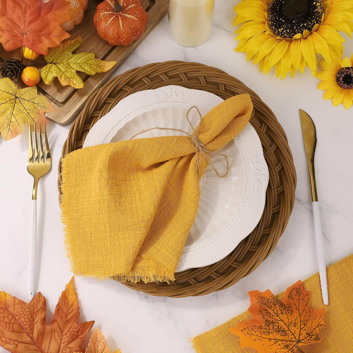 TURSTIN 24 Pieces Thanksgiving Cotton Linen Cloth Napkin Handmade Cloth | Fall Napkin with Fringe 17 x 17 Inch Soft
