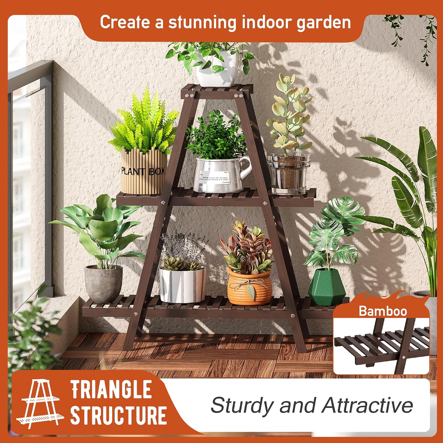 GHWIE Plant Stand Indoor Plant Shelf Outdoor bamboo Plant Rack, 3 Tiers Ladder Plant Holder Flower Stand for Living