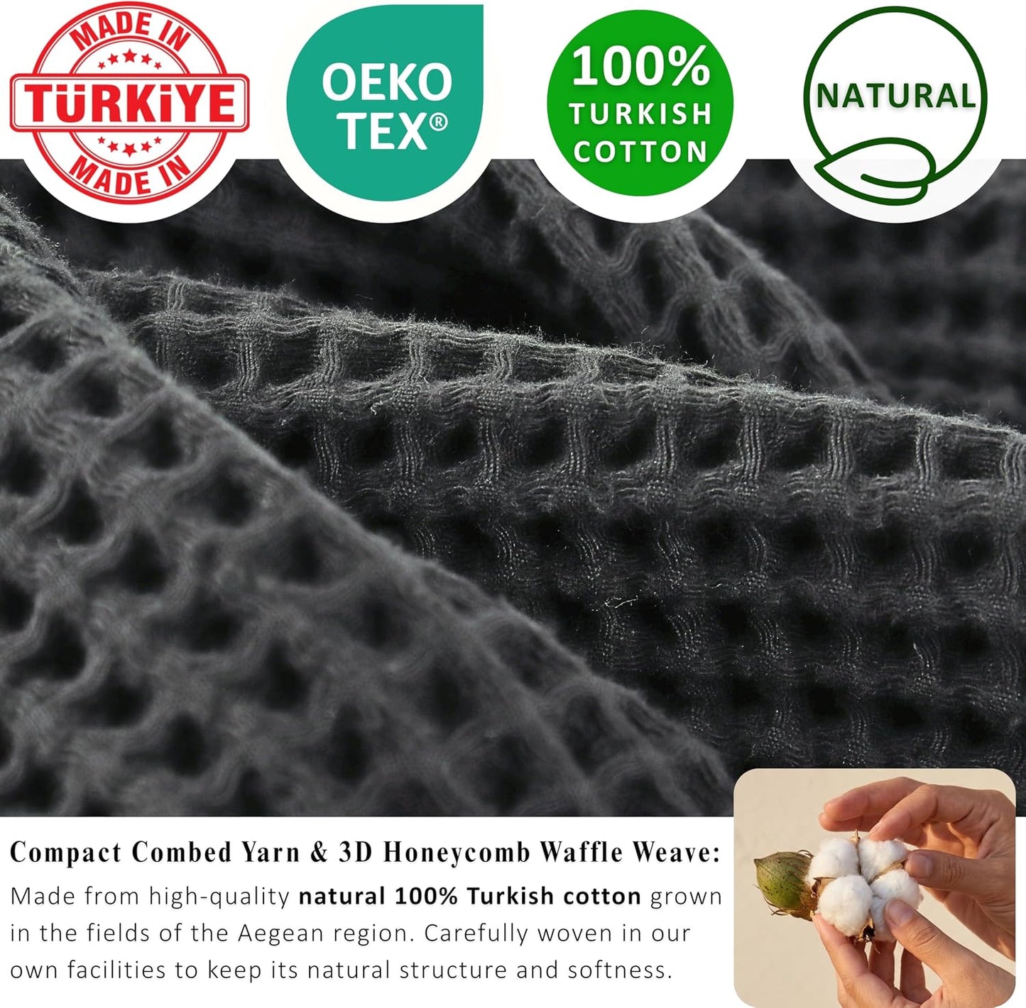 PÜSKÜL Natural 100% Turkish Cotton Waffle Bath Towels Set of 2, Extra-Large | Dark Gray, Oversize 32x63" Bath sheet