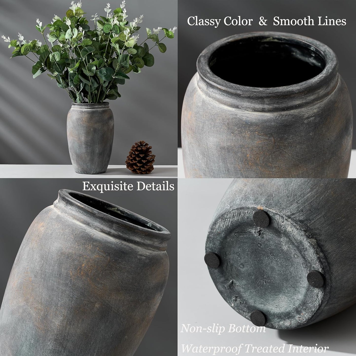 Ceramic Terracotta Rustic Vase Home Decor Farmhouse Decorative Vase / Black Bronze- 8.2 / 8.2 Inch