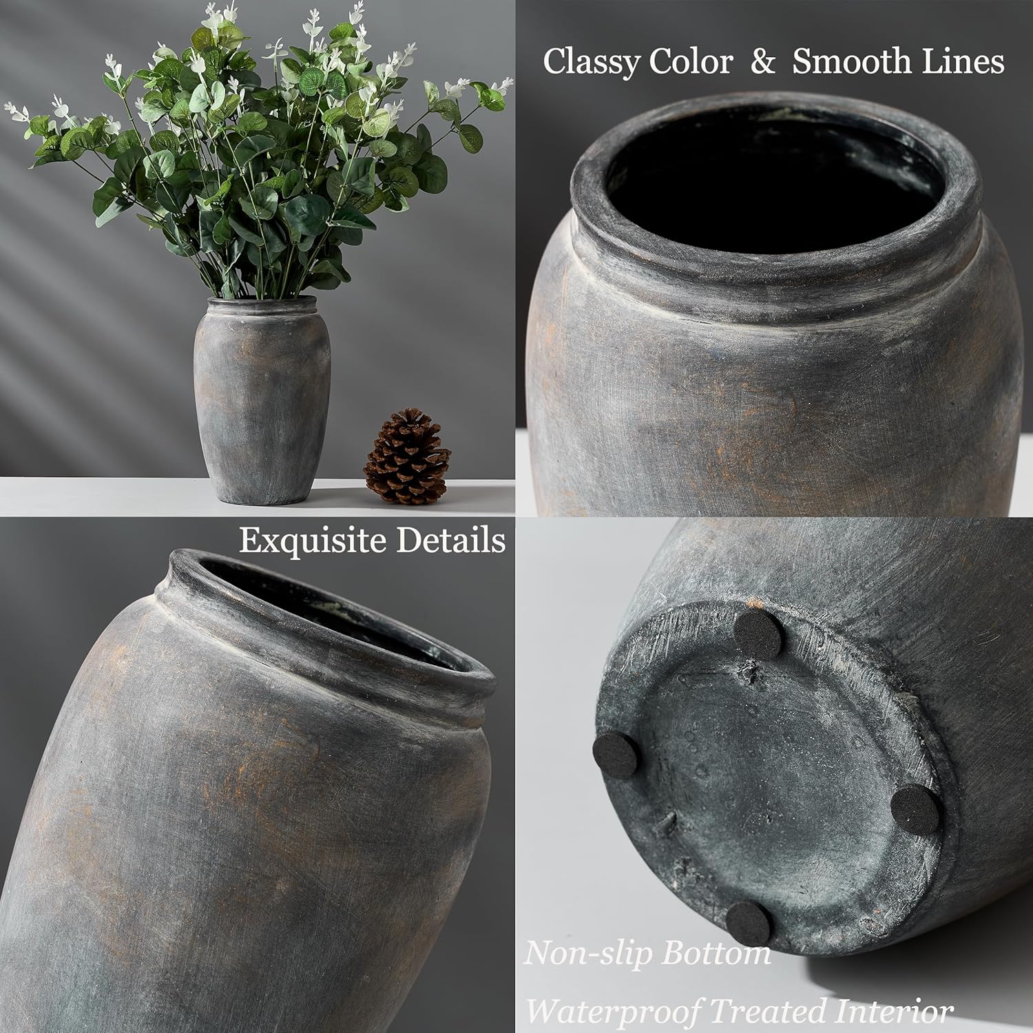 Ceramic Terracotta Rustic Vase Home Decor Farmhouse Decorative Vase / Black Bronze- 8.2 / 8.2 Inch