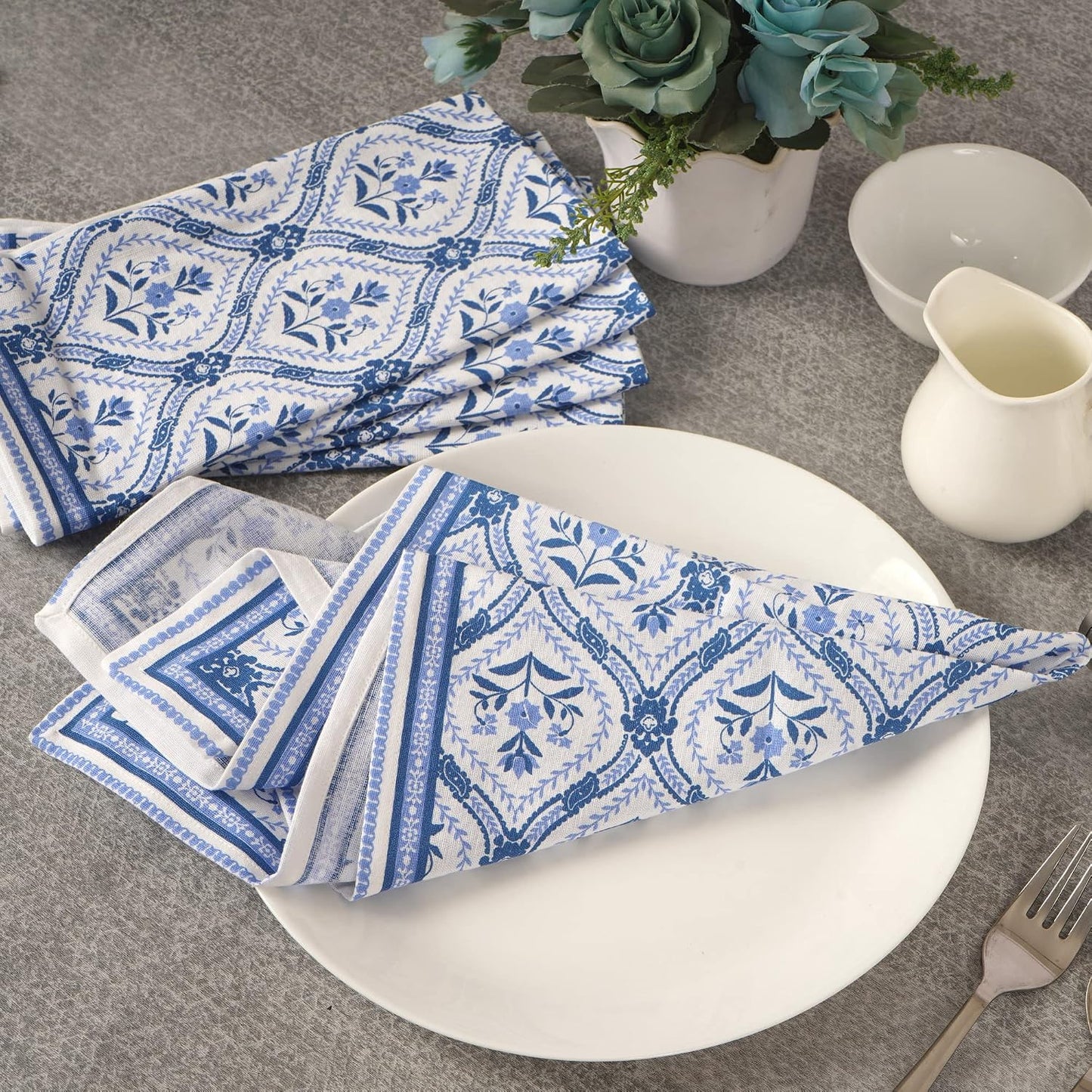 FINGERCRAFT Cloth Napkins Set of 12 Cotton Linen, 20x20 Inch, Damask Blue | Mitered corner, washable, soft, absorbent