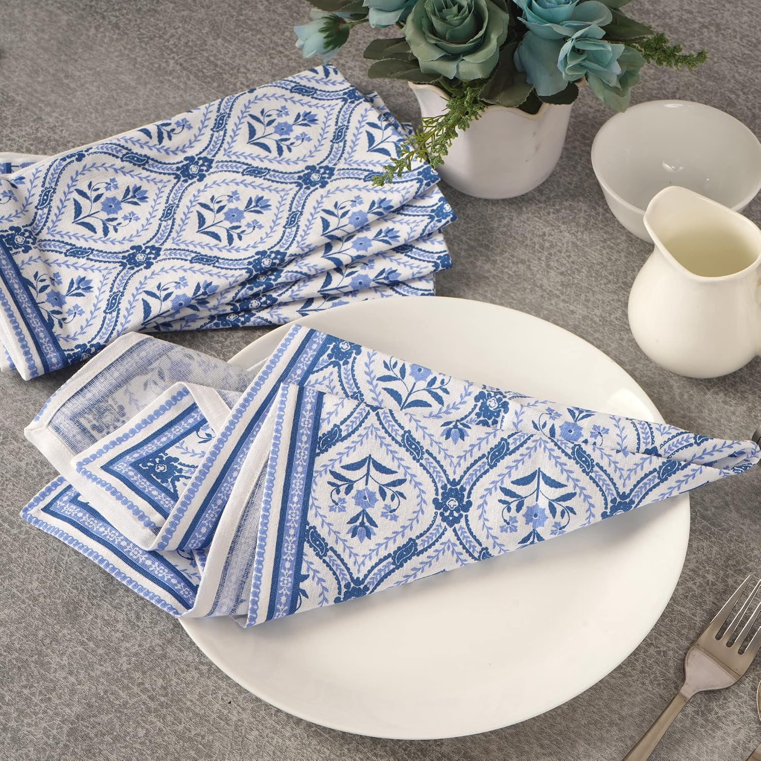 FINGERCRAFT Cloth Napkins Set of 12 Cotton Linen, 20x20 Inch, Damask Blue | Mitered corner, washable, soft, absorbent