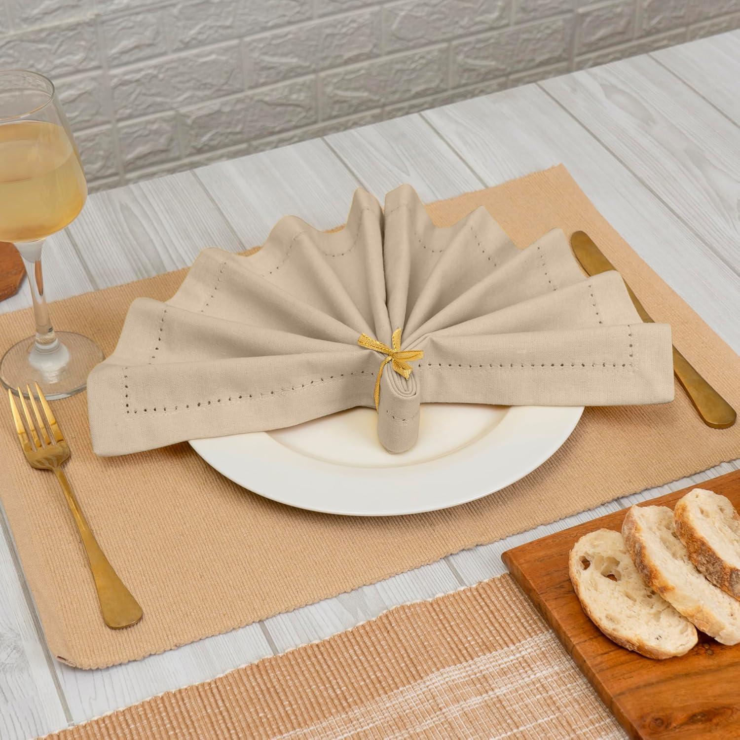 Blue Needles Set of 12 Hemstitch Linen Napkins 100% Cotton Beige Cloth Dinner Napkins 18x18 inches - Spring Summer