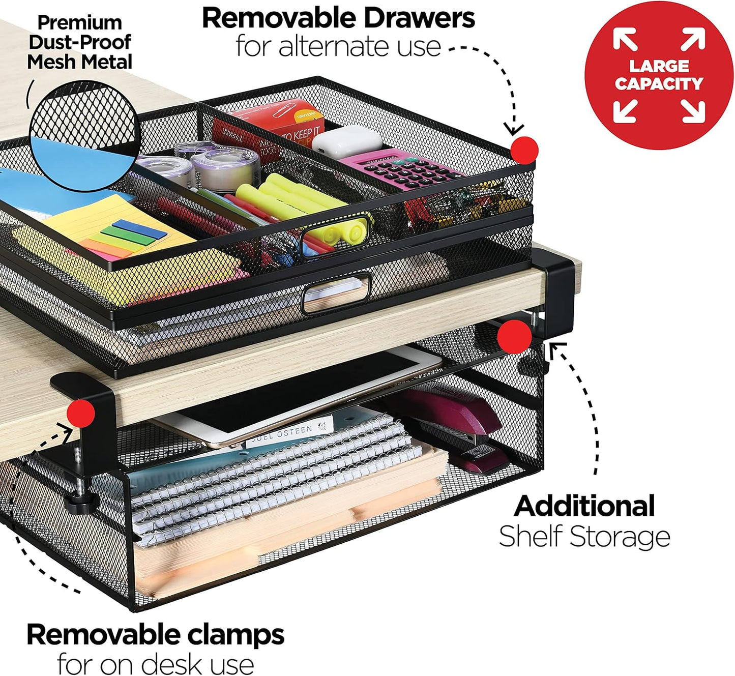 Homeify Under Desk Drawer Organizer Clamp-On, Mesh Metal Drawer Attachment, 2 Drawer Slide Out, On Or Under Desk