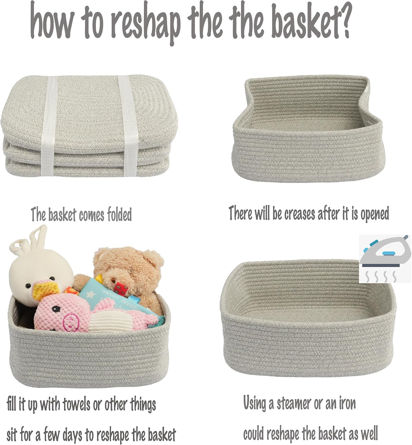 Small Woven Storage Baskets " Decorative Rope Bins for Organizing / Grey / Regular / 12 x 8 x 5