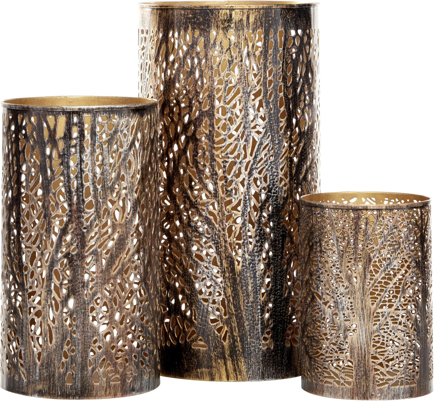 Deco 79 Metal Indoor Outdoor Candle Lantern 12", 9", 5"H, Brushed Bronze | Elevate tabletops, metal candle holder set