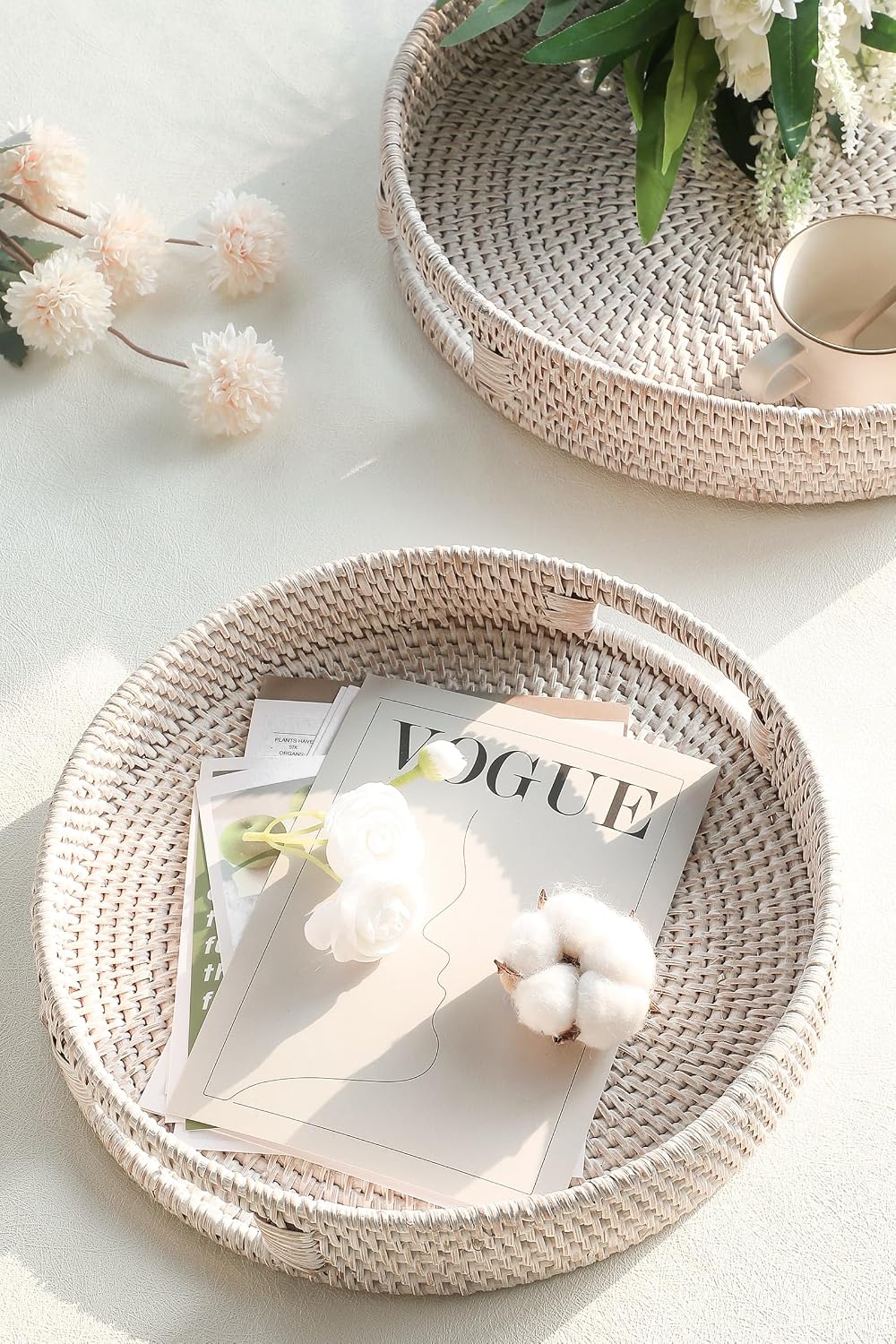 11.8" Hand-Woven Round Rattan Serving Tray Decorative Wicker Trays / Medium / Whitewash
