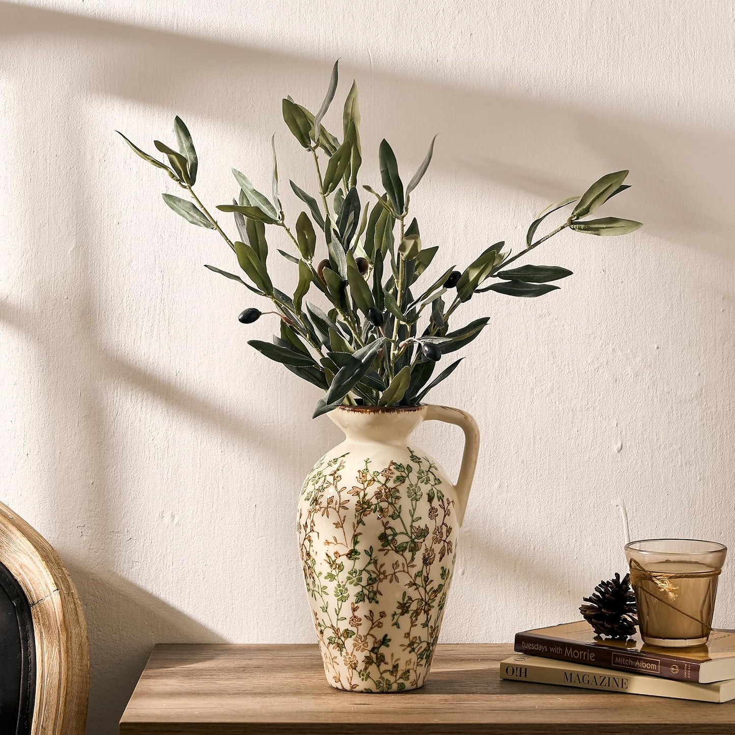 Rustic Ceramic Vase / Green and Beige- 8.9 / 8.9 Inch