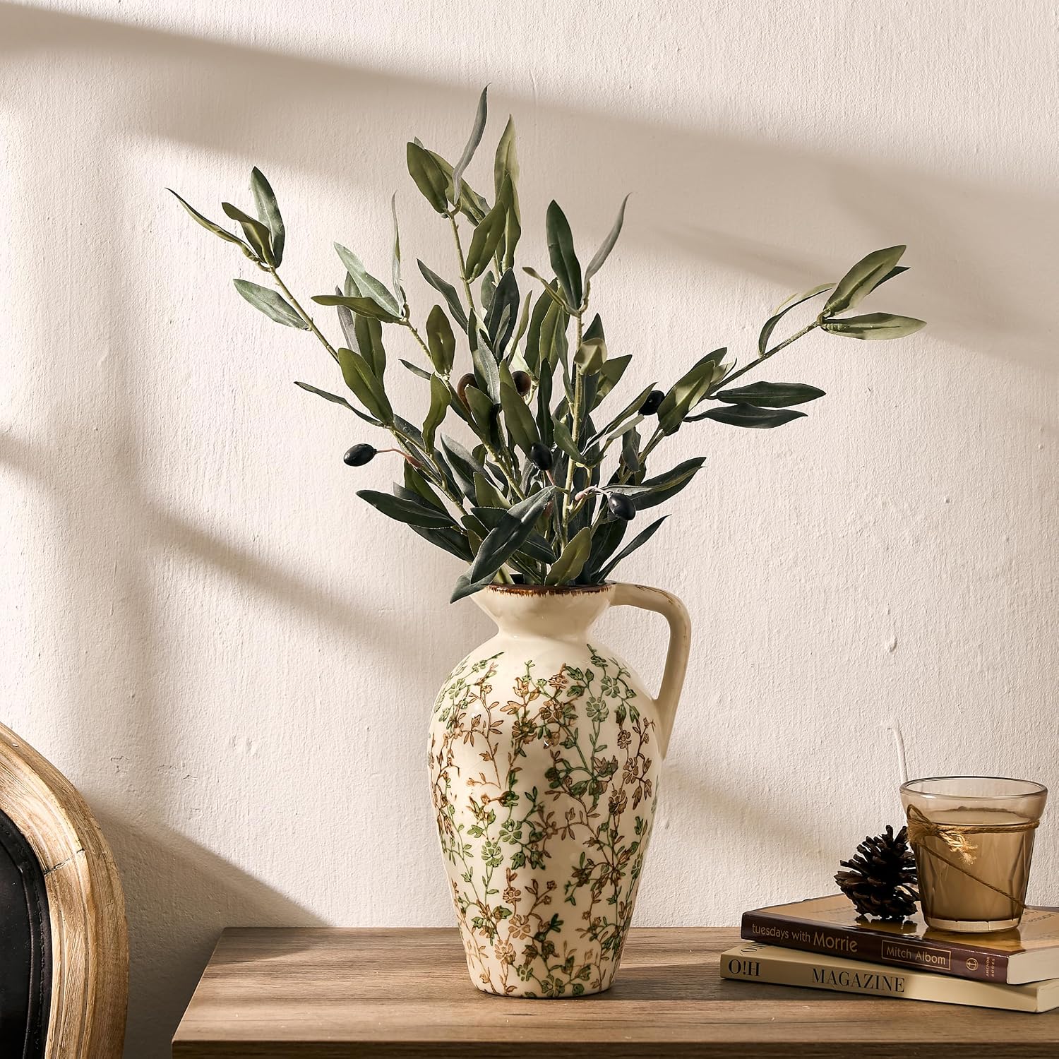 Rustic Ceramic Vase / Green and Beige- 8.9 / 8.9 Inch