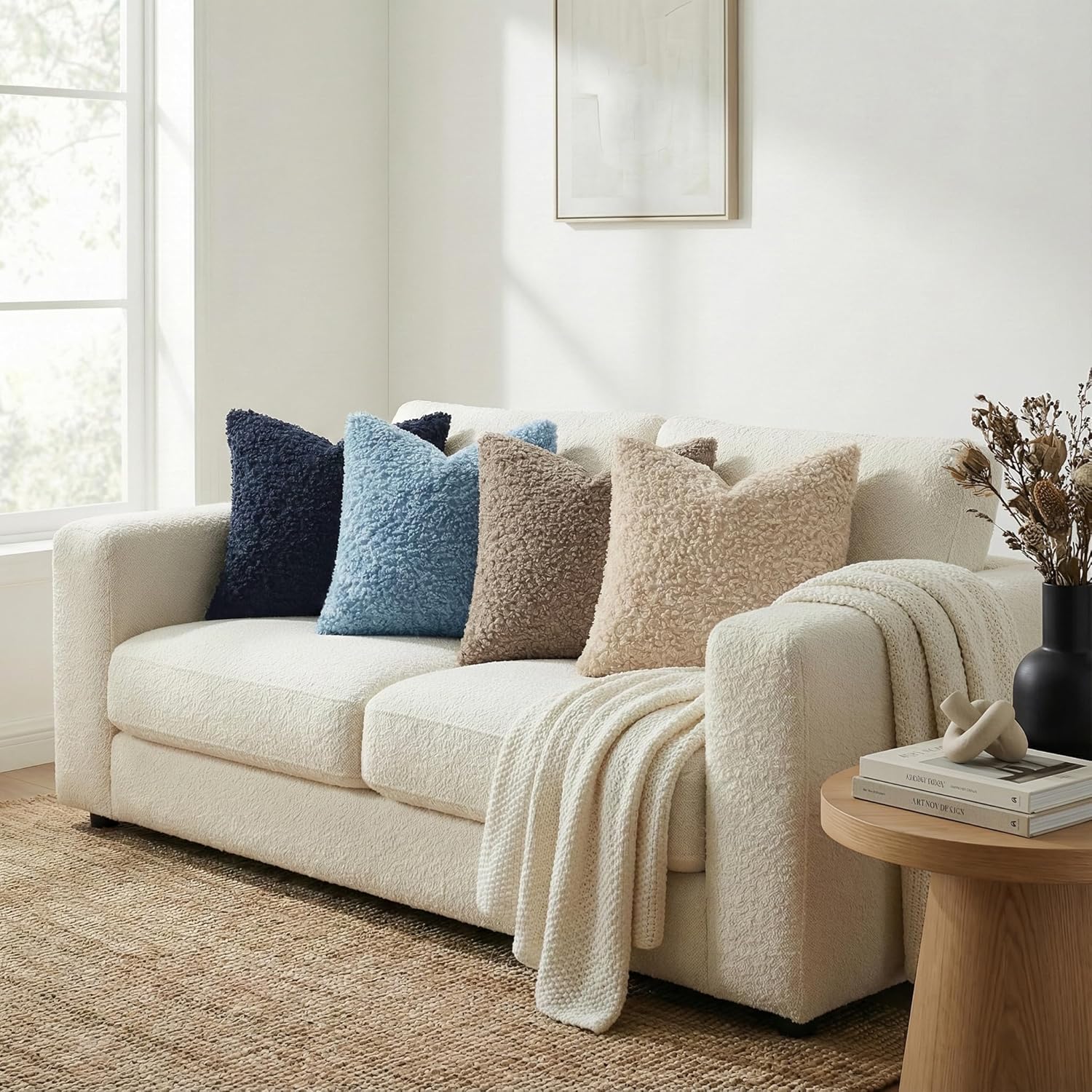 Faux Fur Decorative Sherpa Pillow Covers Fuzzy Accent Soft / Light Blue / 20 x 20 / Set of 2