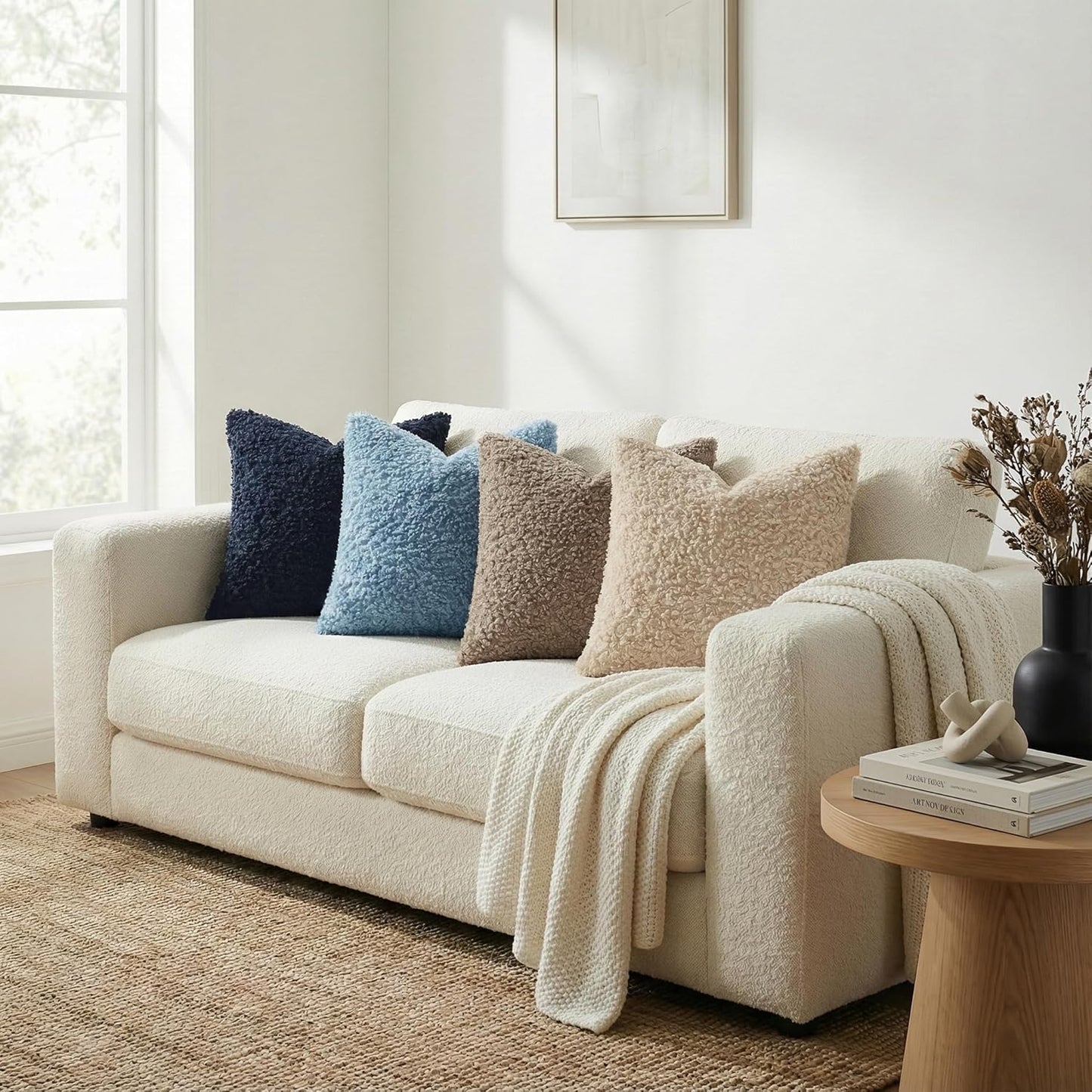 Faux Fur Decorative Sherpa Pillow Covers Fuzzy Accent Soft / Light Blue / 18 x 18 / Set of 2