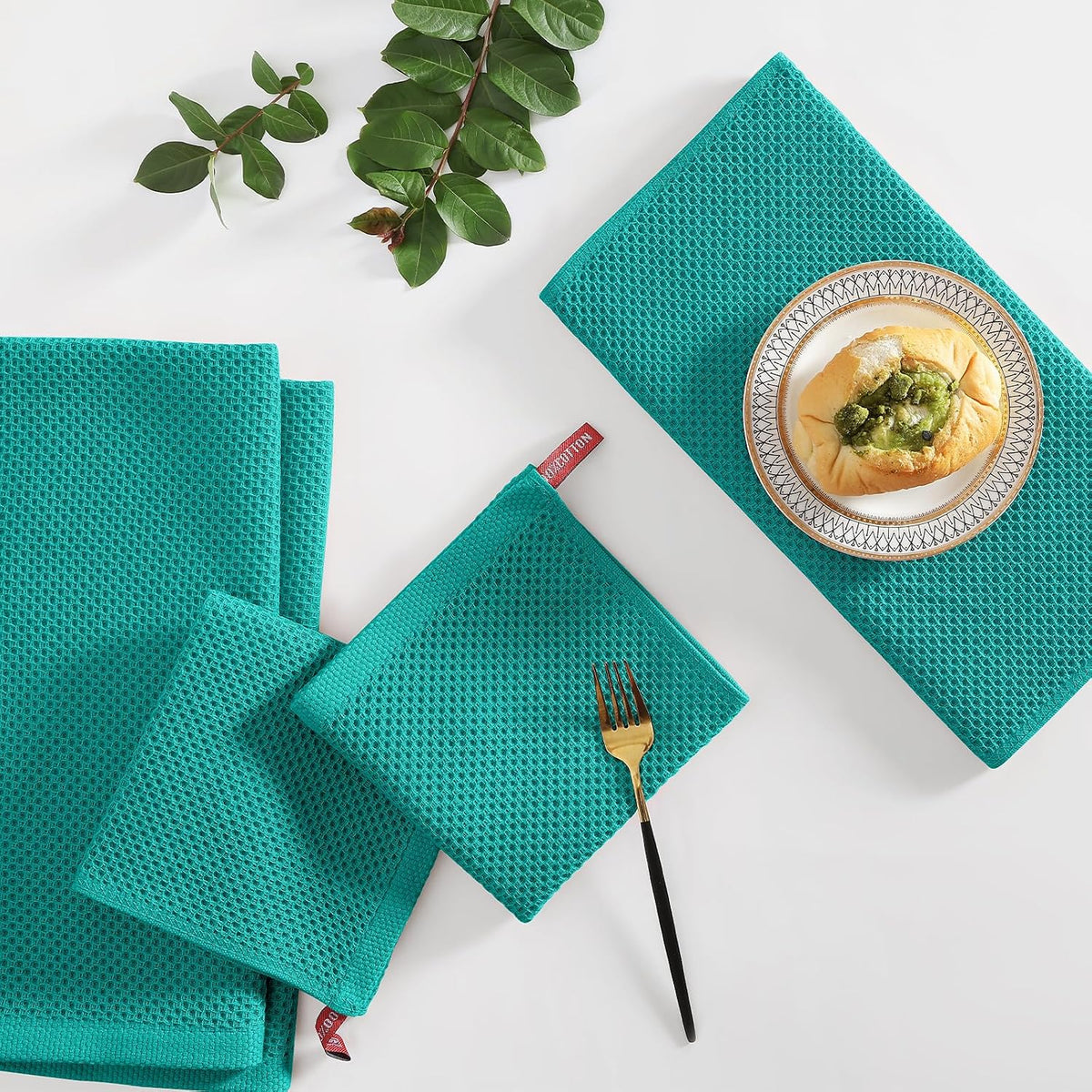 Homaxy 16 Pack 100% Cotton Kitchen Towels and Dishcloths Set, Teal | 12 x 12 Inches and 13 x 28 Inches Kitchen Towels