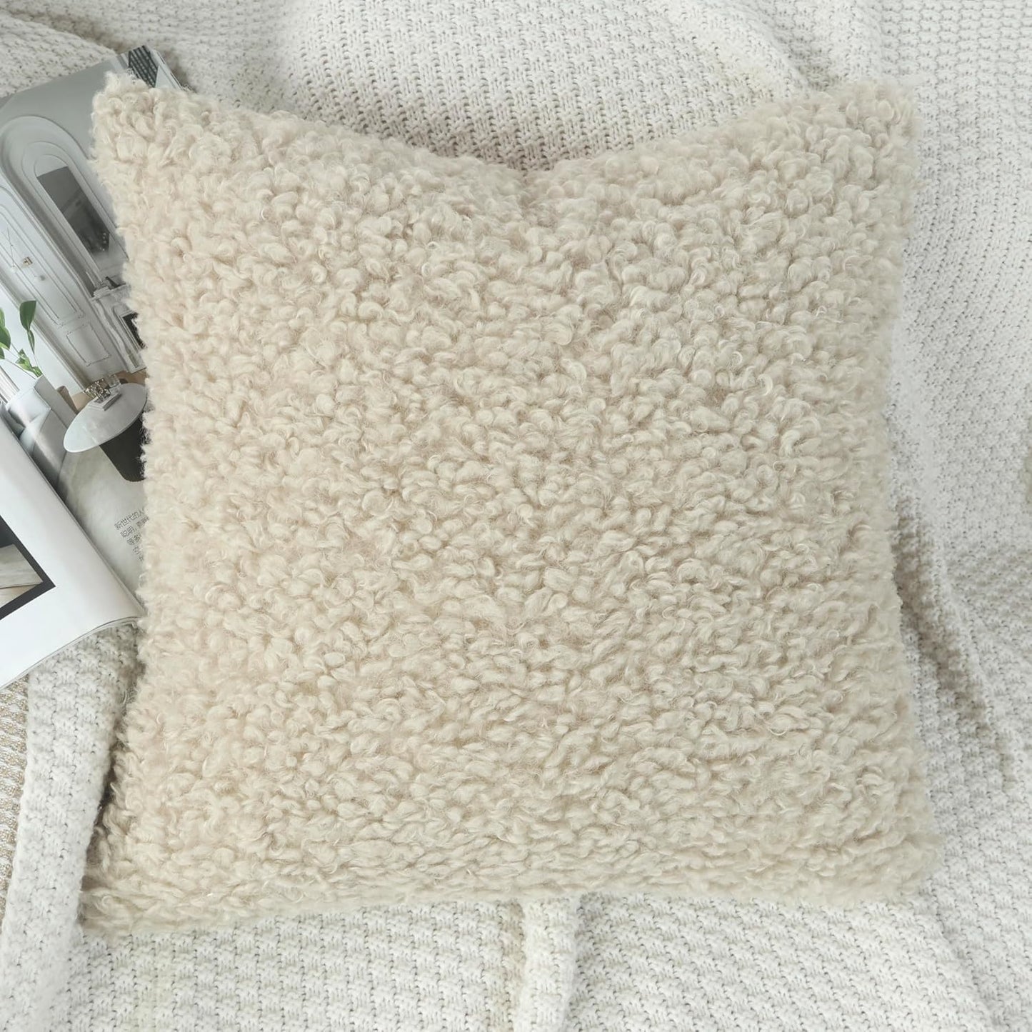 Faux Fur Decorative Pillow Covers Soft Fluffy Sherpa Boucle Throw / Oatmeal / 18 x 18 / Set of 2