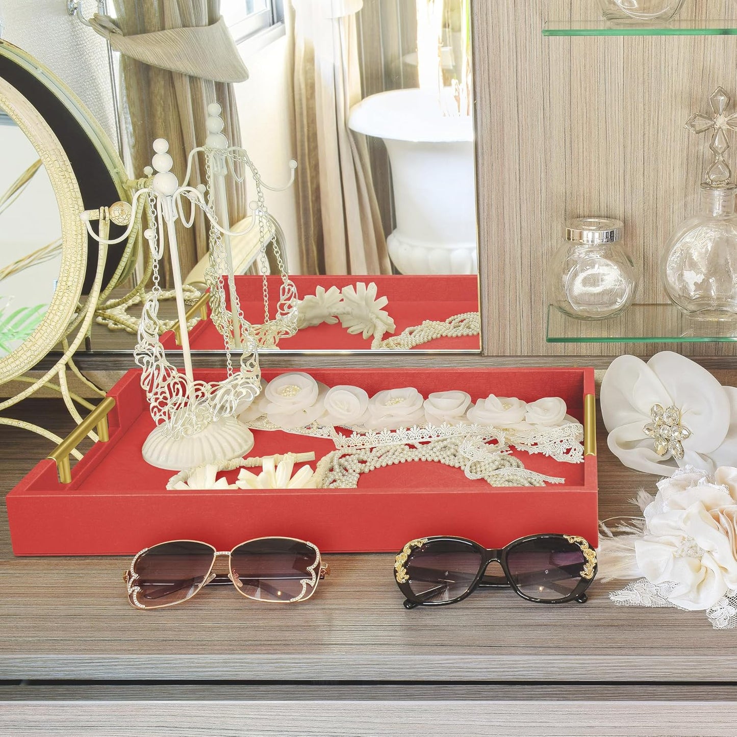 17"" x 12"" Wood Serving Tray / Red / 17 x 12 x 1.8