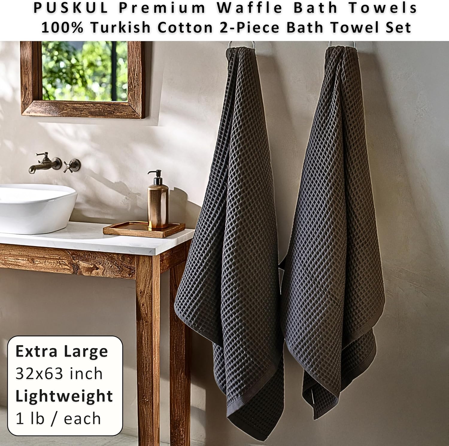 PÜSKÜL Natural 100% Turkish Cotton Waffle Bath Towels Set of 2, Extra-Large | Dark Gray, Oversize 32x63" Bath sheet