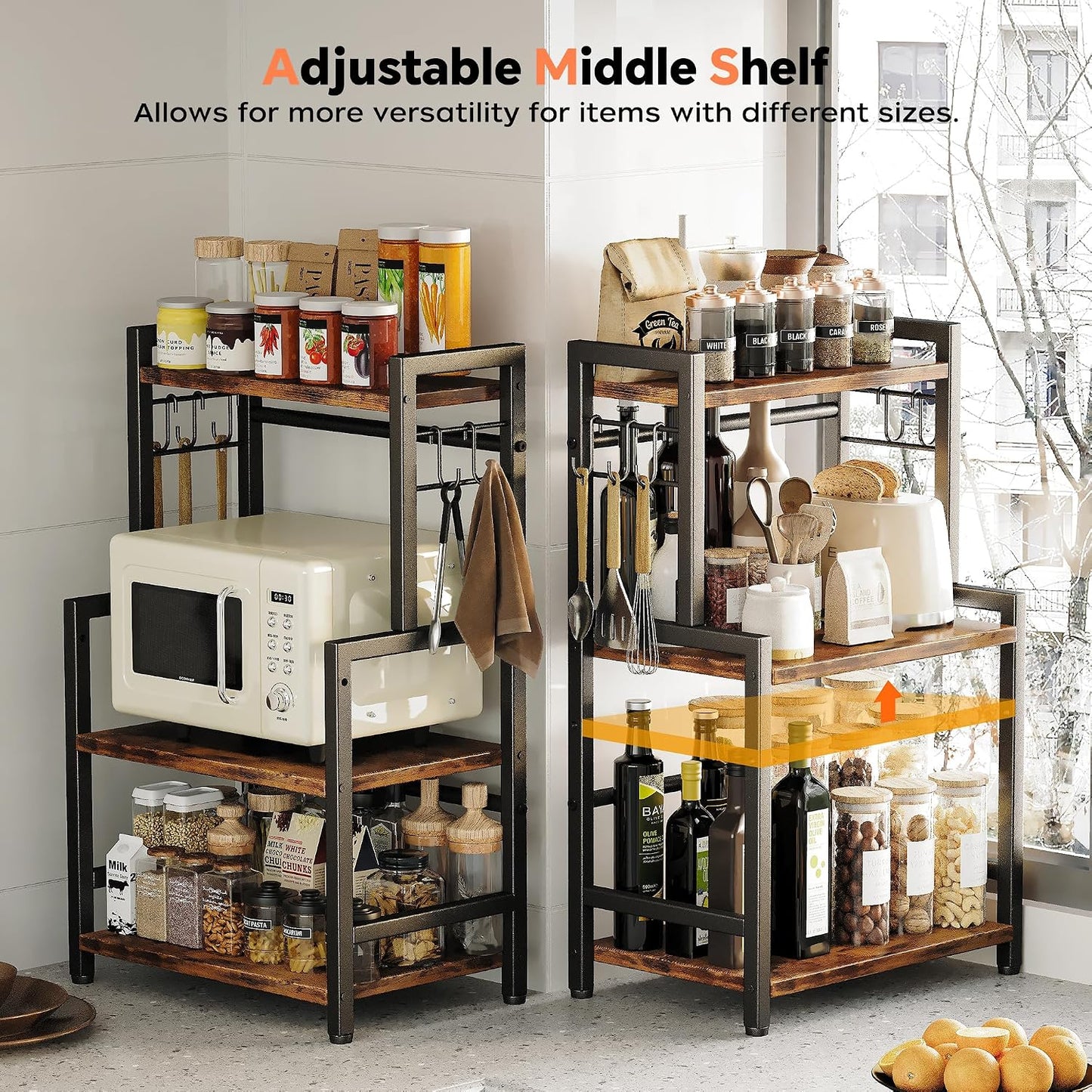 Kitchen Countertop Organizer,3 Tier Large Spice Rack Organizer with Adjustable Shelf and 5 Hooks,Wooden Counter