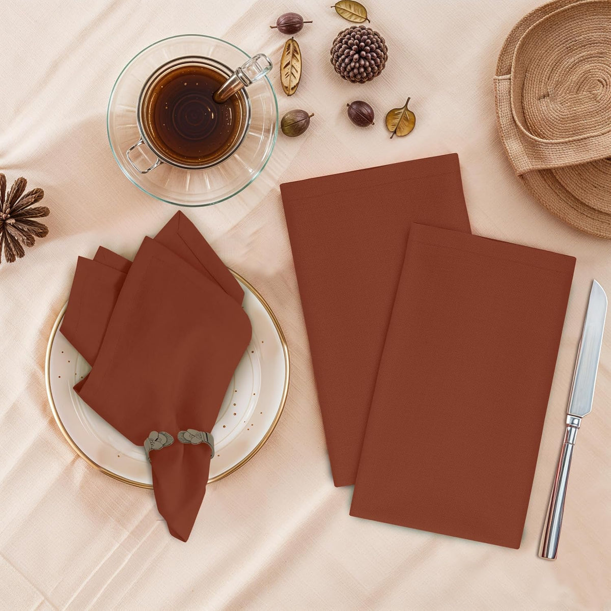 Ruvanti Cloth Napkins Set of 12, 100% Cotton 18”x18” - Rust | Washable, Soft, Durable & Absorbent Everyday Napkins. For