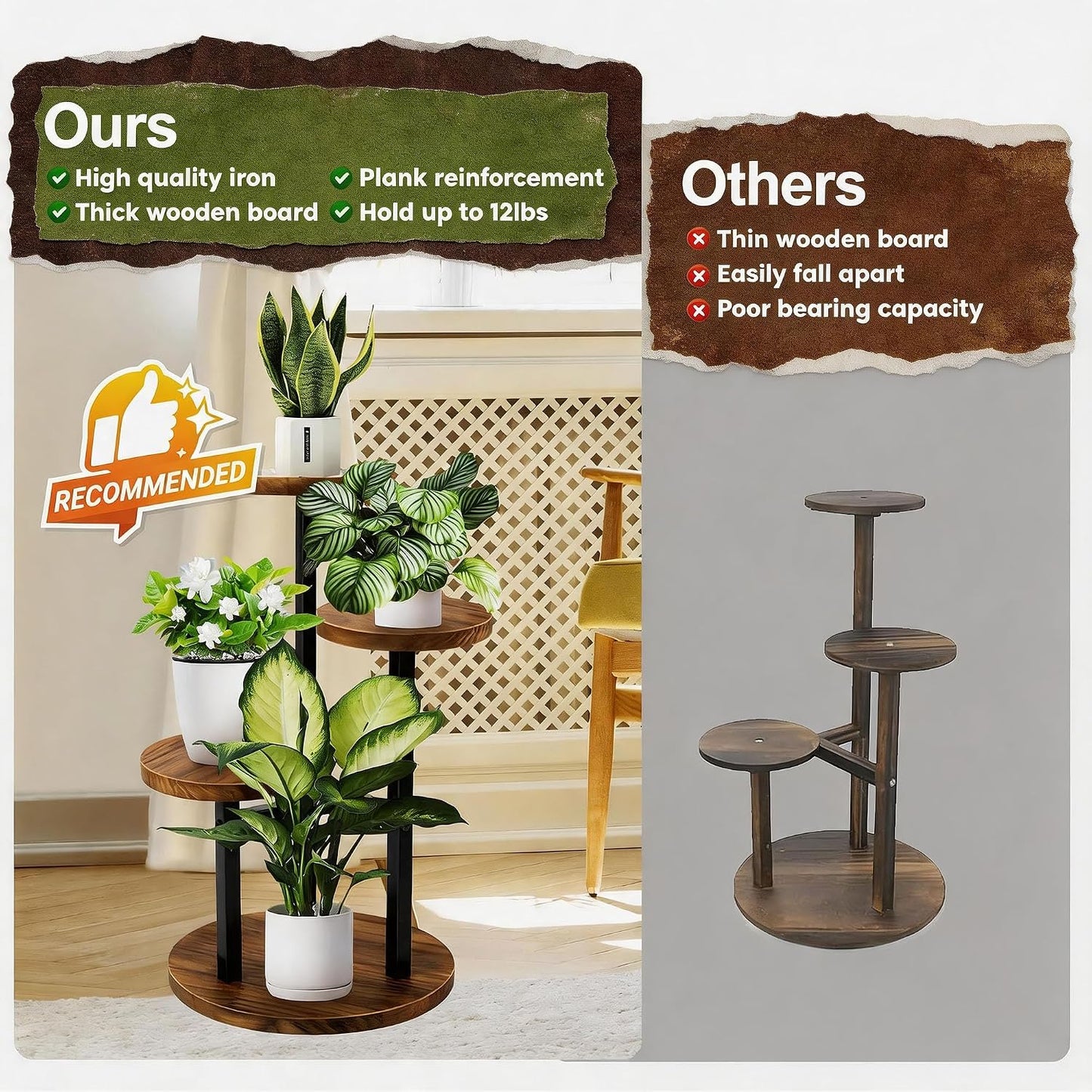 3 Tier Plant Stand Indoor | Metal Wood Plant Stands For Indoor Plants Multiple, Corner Tiered Flower Plants Shelf Stand
