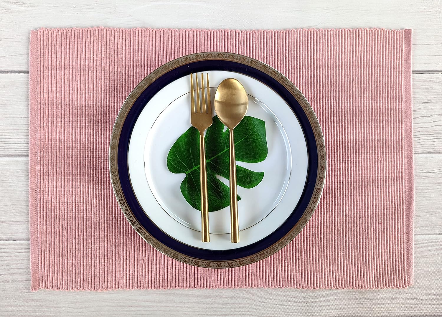 100% Cotton Ribbed Placemats - Set of 4-13 x 19 Inches - Dull Pink - Everyday Basic Cloth Table Mats - Thick