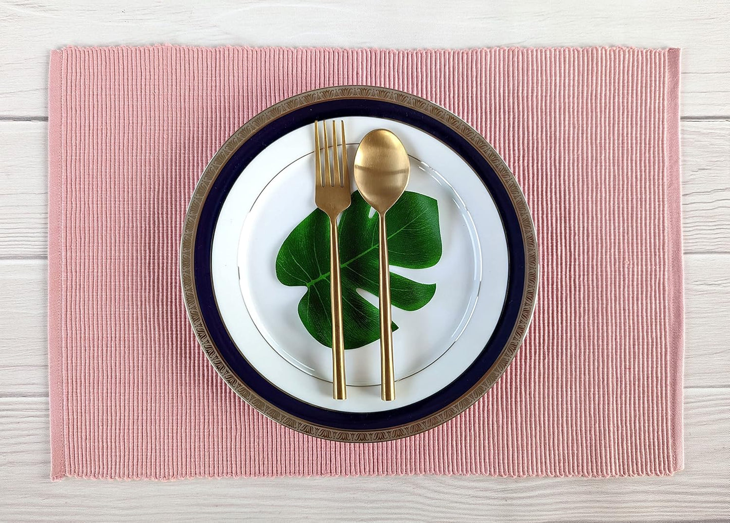100% Cotton Ribbed Placemats - Set of 8-13 x 19 Inches - Dull Pink - Everyday Basic Cloth Table Mats - Thick